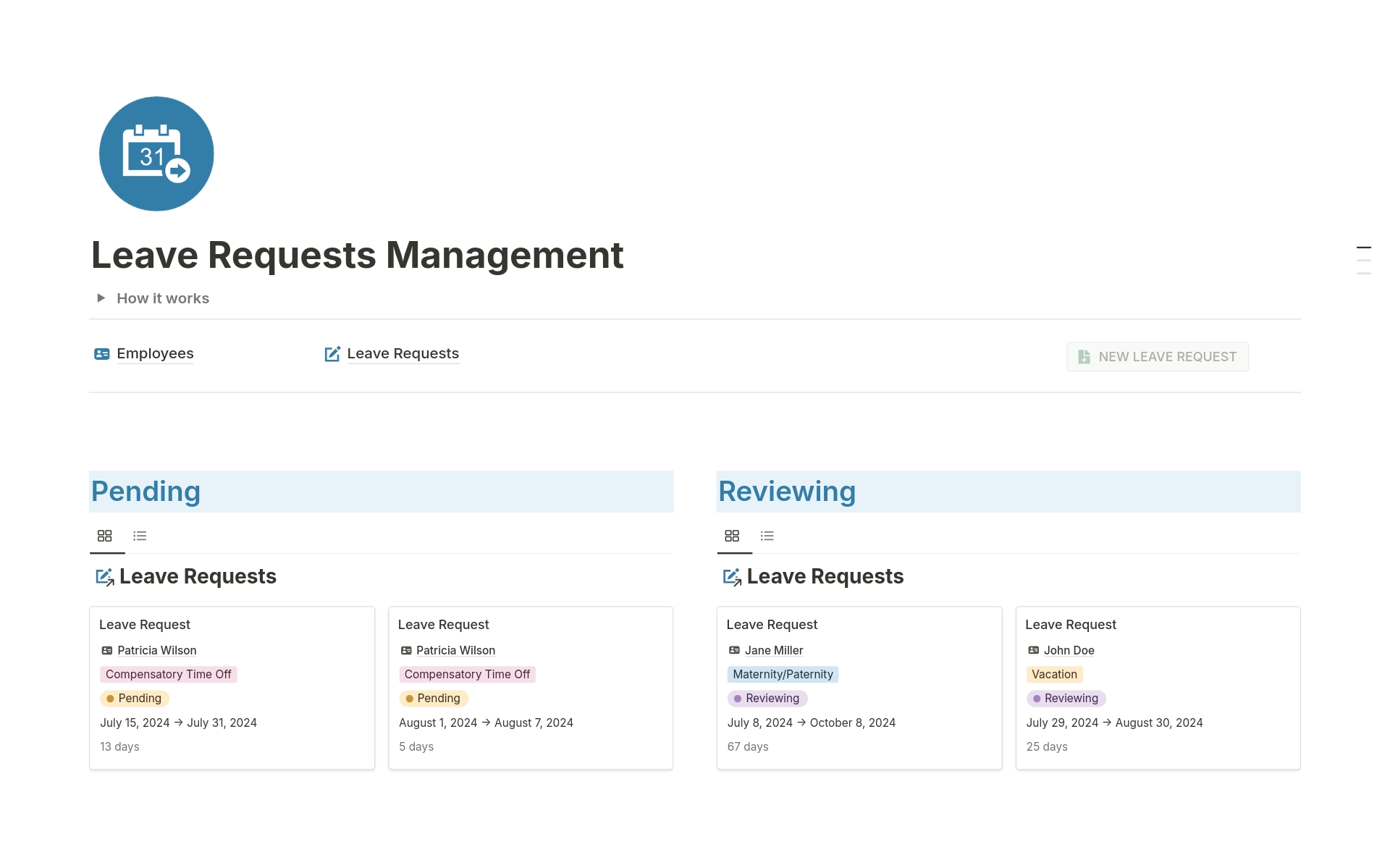 A template preview for Leave Requests Management