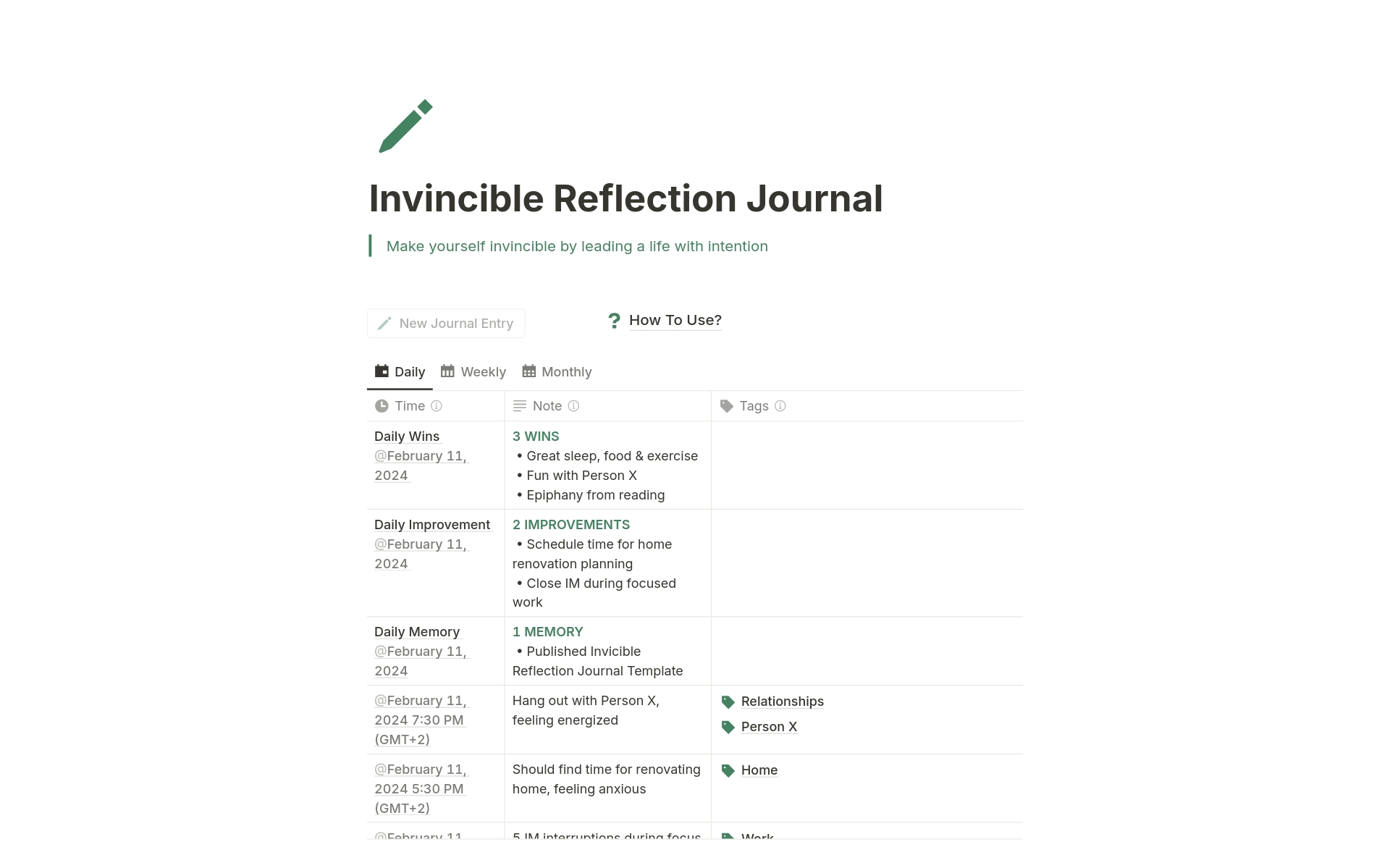 Invincible Reflection Journal combines both the tool and process for journaling and reflection. Perform check ins to document your life, turn them into daily 1-minute reflections, weekly reflections and monthly long form writing about your life categories.