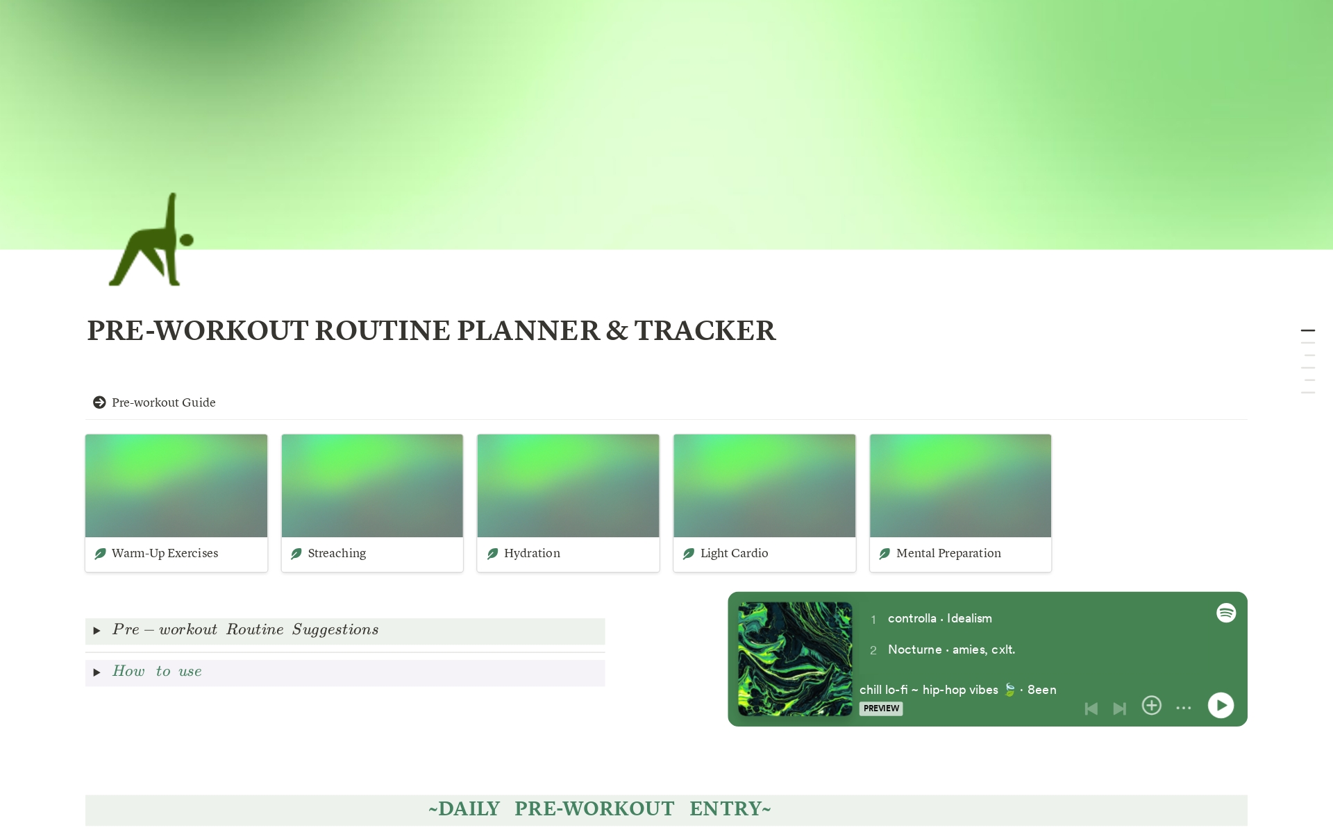 A template preview for Pre-workout Routine Tracker and Planner for Women