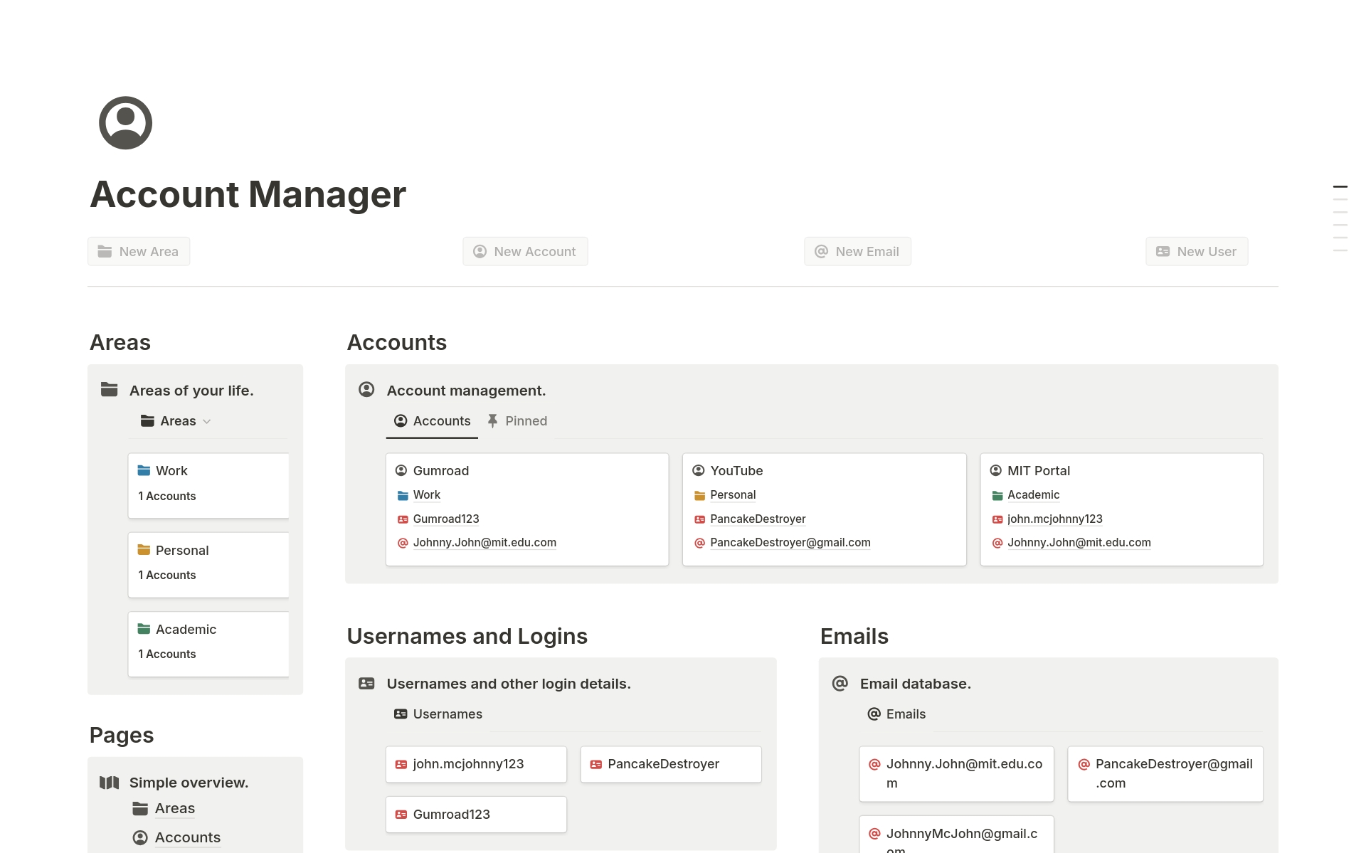 Account Manager is a easy-to-use Notion template that helps you manage all your social media accounts, business accounts, and even education accounts. This simple template saves you a ton of money, time, and effort. Forget about paying for expensive account management software.