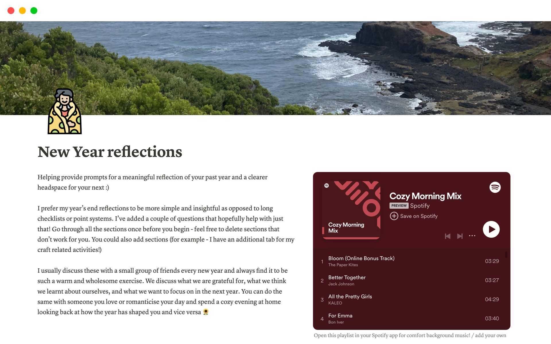 A template preview for New Year reflections