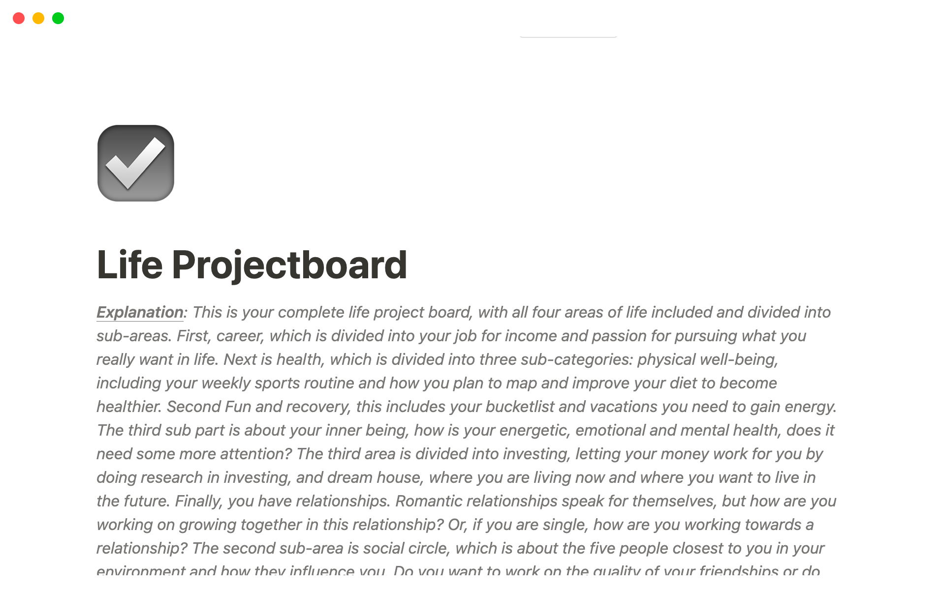 En förhandsgranskning av mallen för DreamLife Projectboard