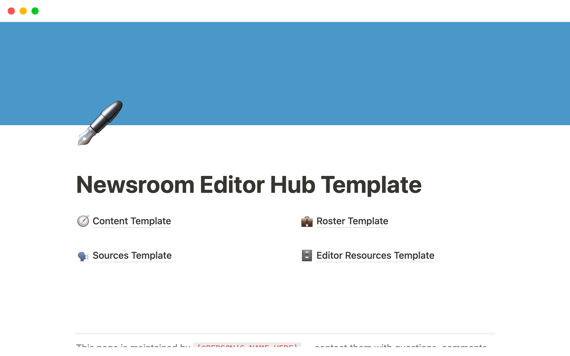Uma prévia do modelo para Newsroom Editor Hub Template