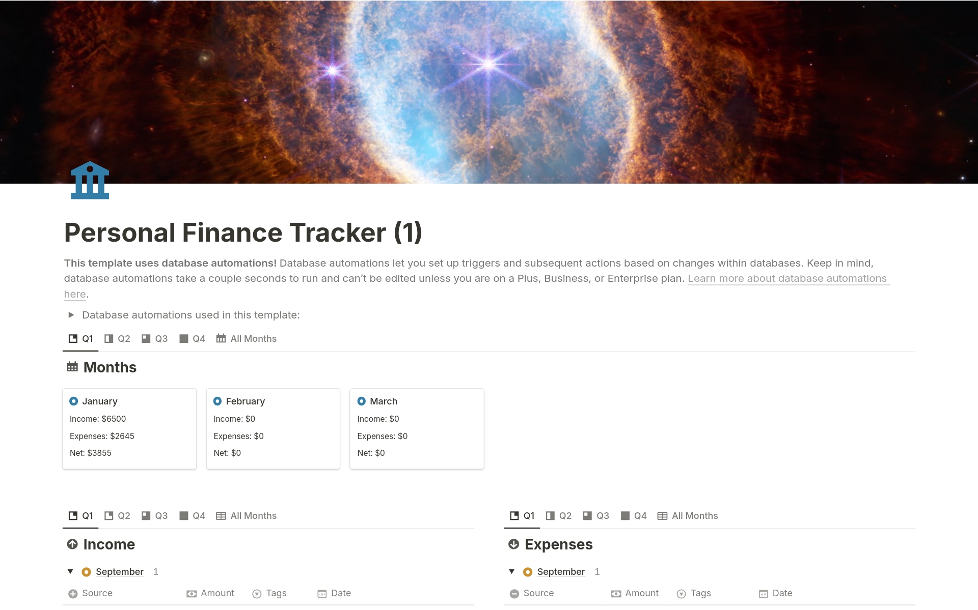 En forhåndsvisning av mal for Personal Finance Tracker