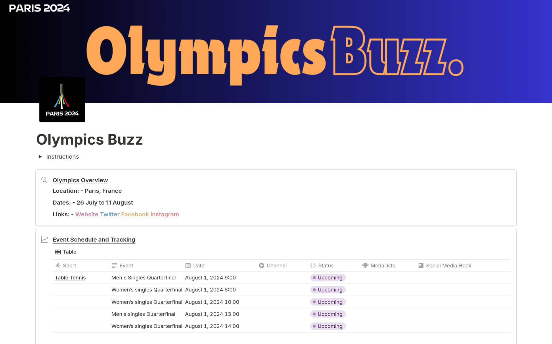 Olympic Odyssey - Buzz Tracker

This template will help you track all the exciting happenings of the Olympics and create engaging social media content!
