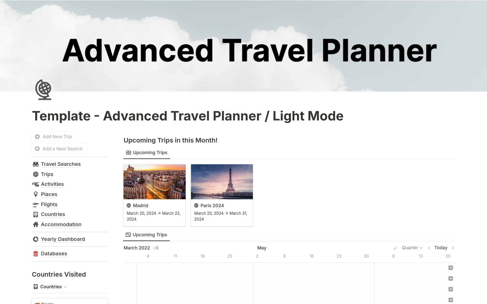 Completely for Free! Discover "Advanced Travel Planner" on Notion: Plan and track your travels effortlessly. Includes Travel Searcher, Expense Management, and Reporting. Choose Light or Dark Mode for comfort.