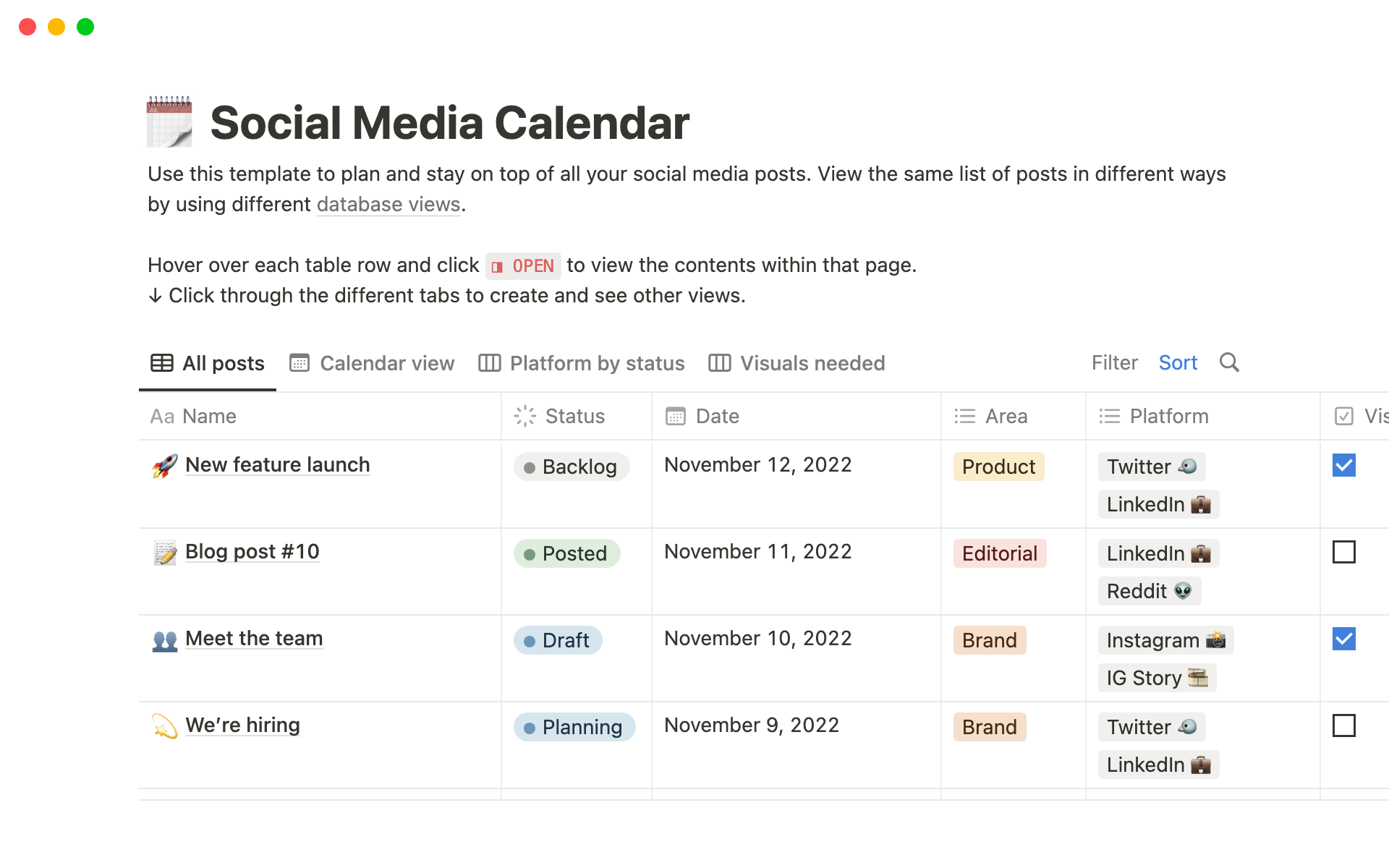 En forhåndsvisning av mal for Social Media Calendar (w/ Notion AI)