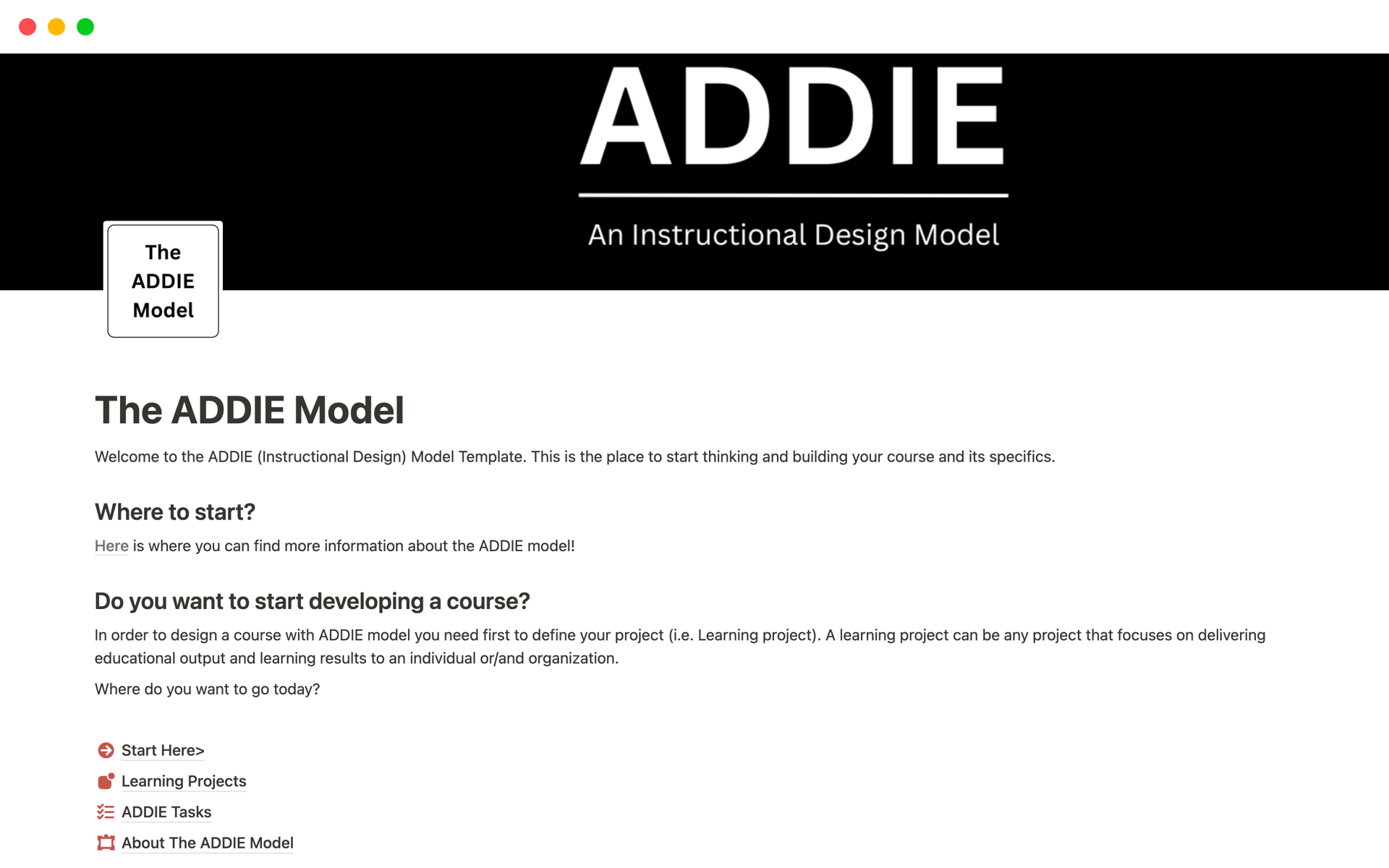 En förhandsgranskning av mallen för The ADDIE Model