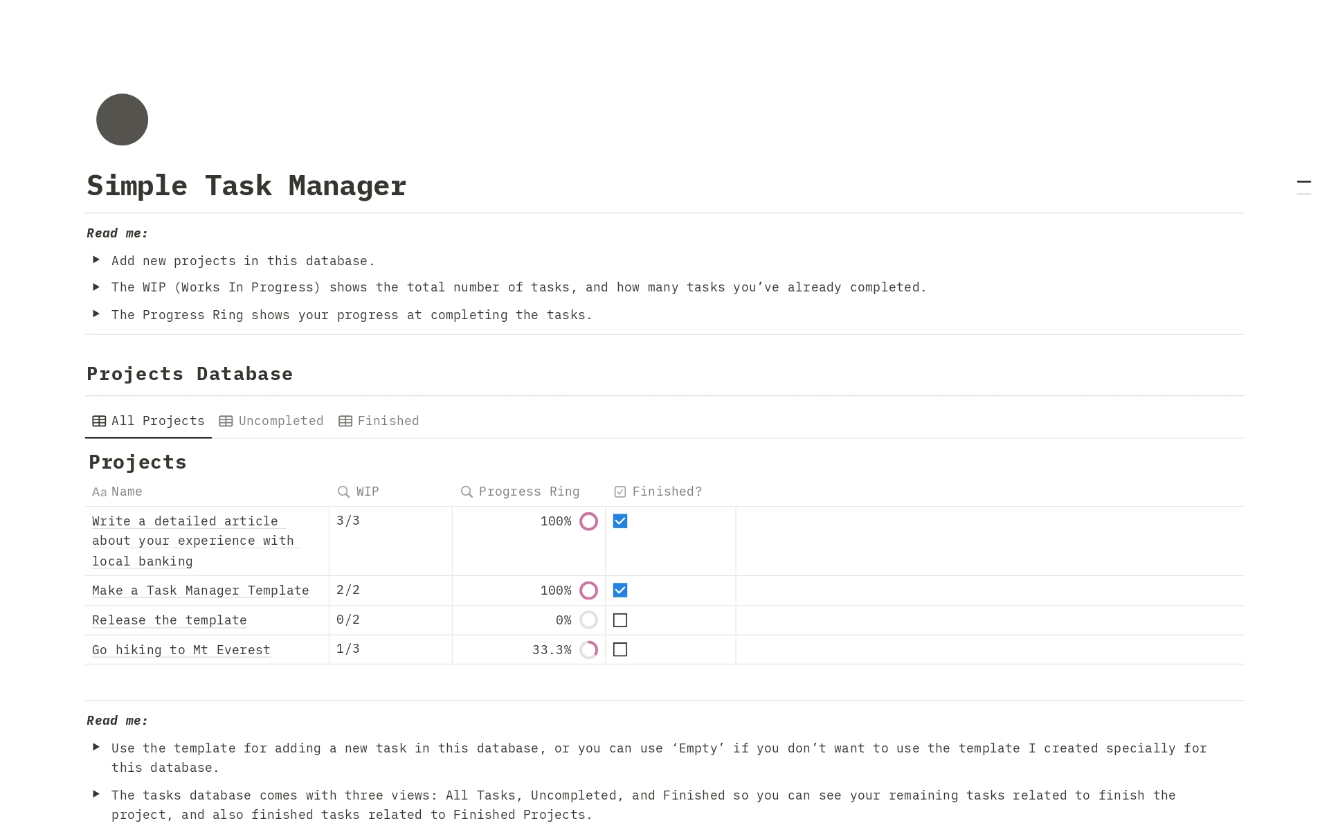 En förhandsgranskning av mallen för Simple Task Manager