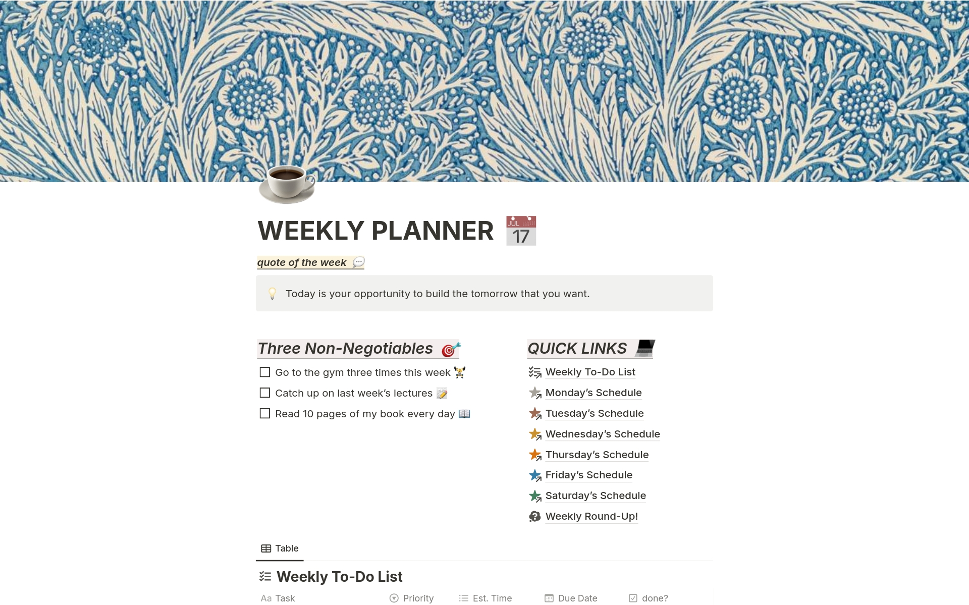 A template preview for The Weekly Planner of Dreams 