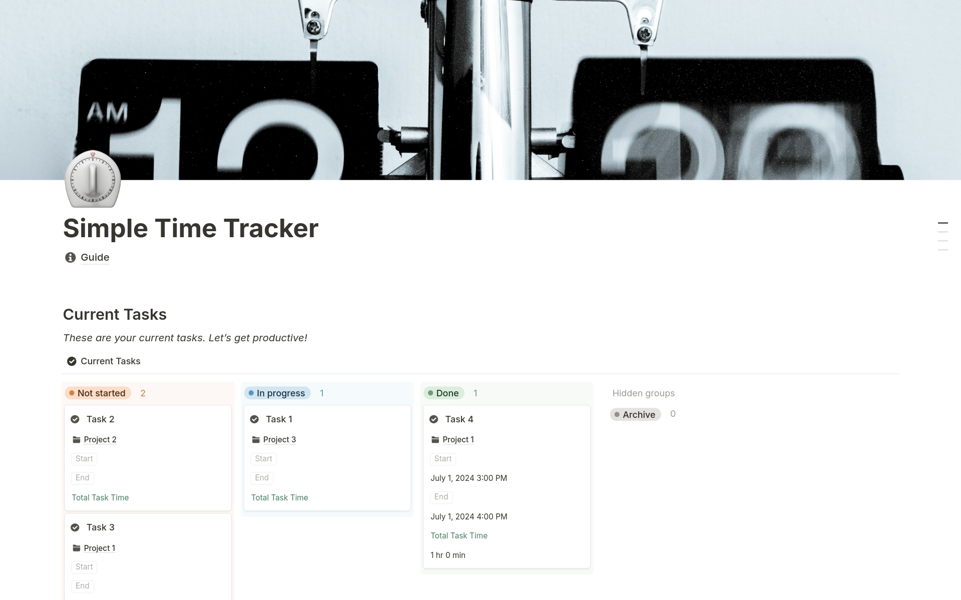 En forhåndsvisning av mal for Simple Time Tracker