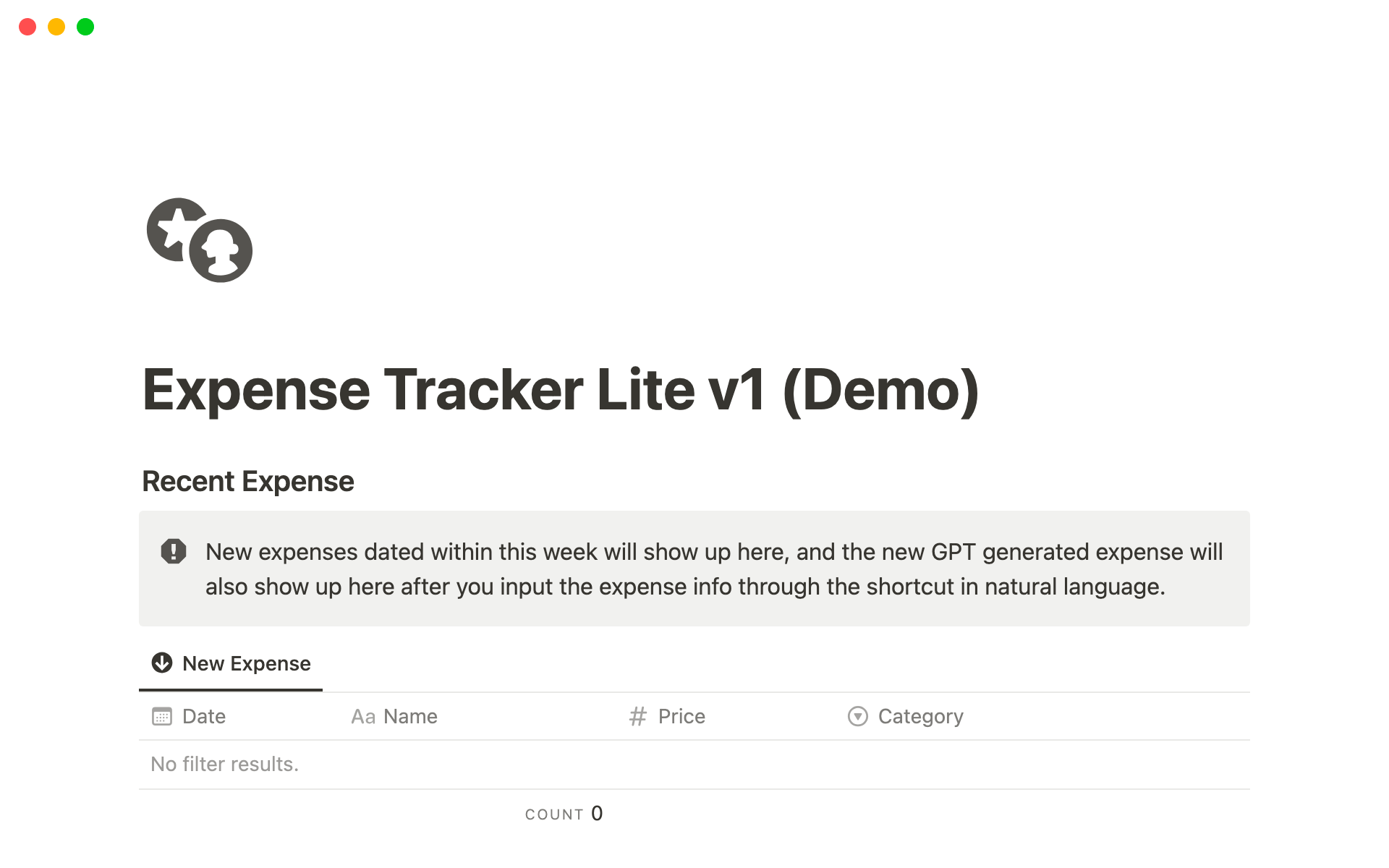 En forhåndsvisning av mal for Expense Tracker with Siri