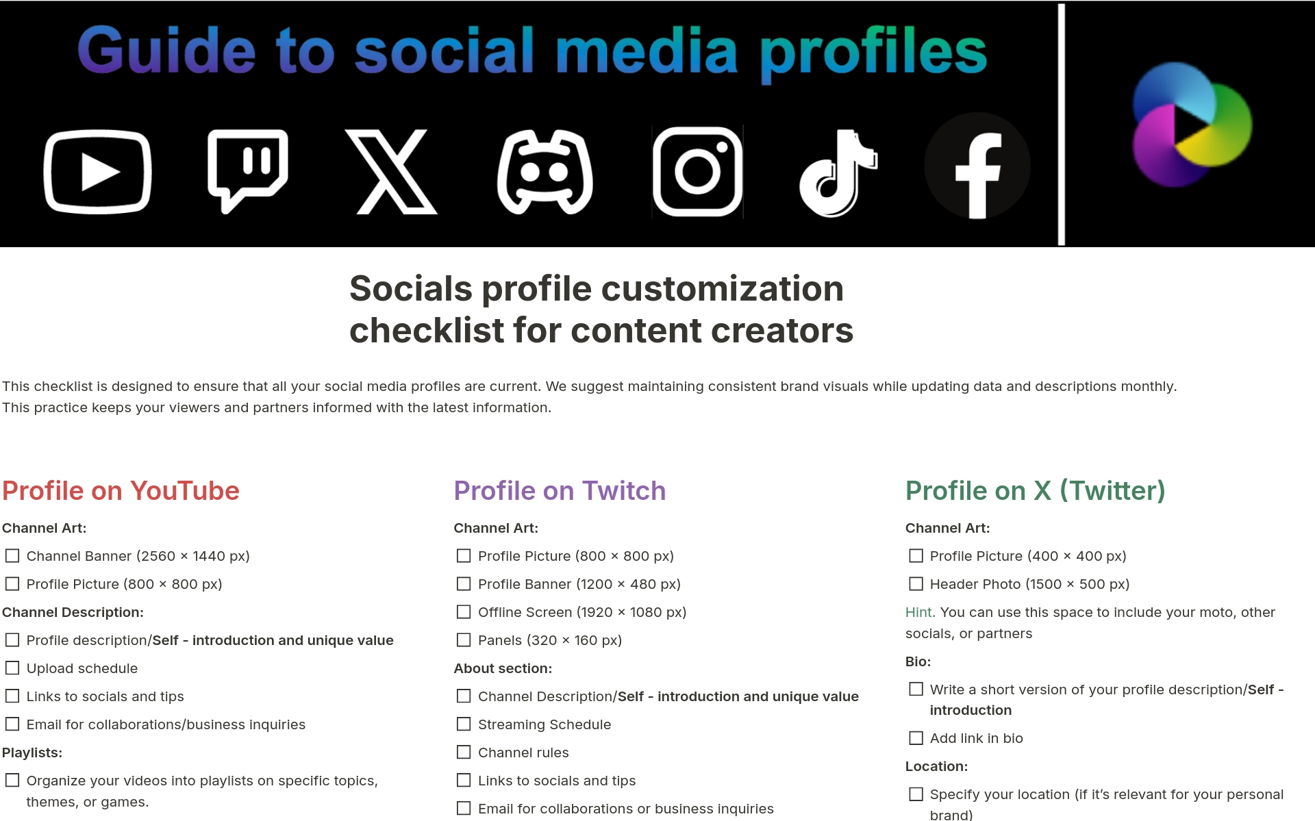 En förhandsgranskning av mallen för Social profiles checklist for content creators