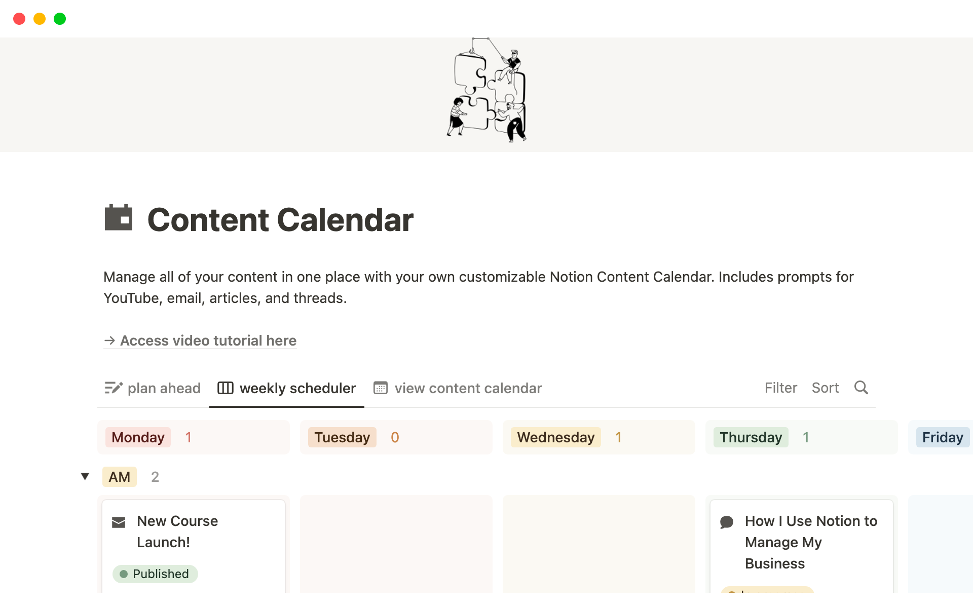 En förhandsgranskning av mallen för Content Calendar