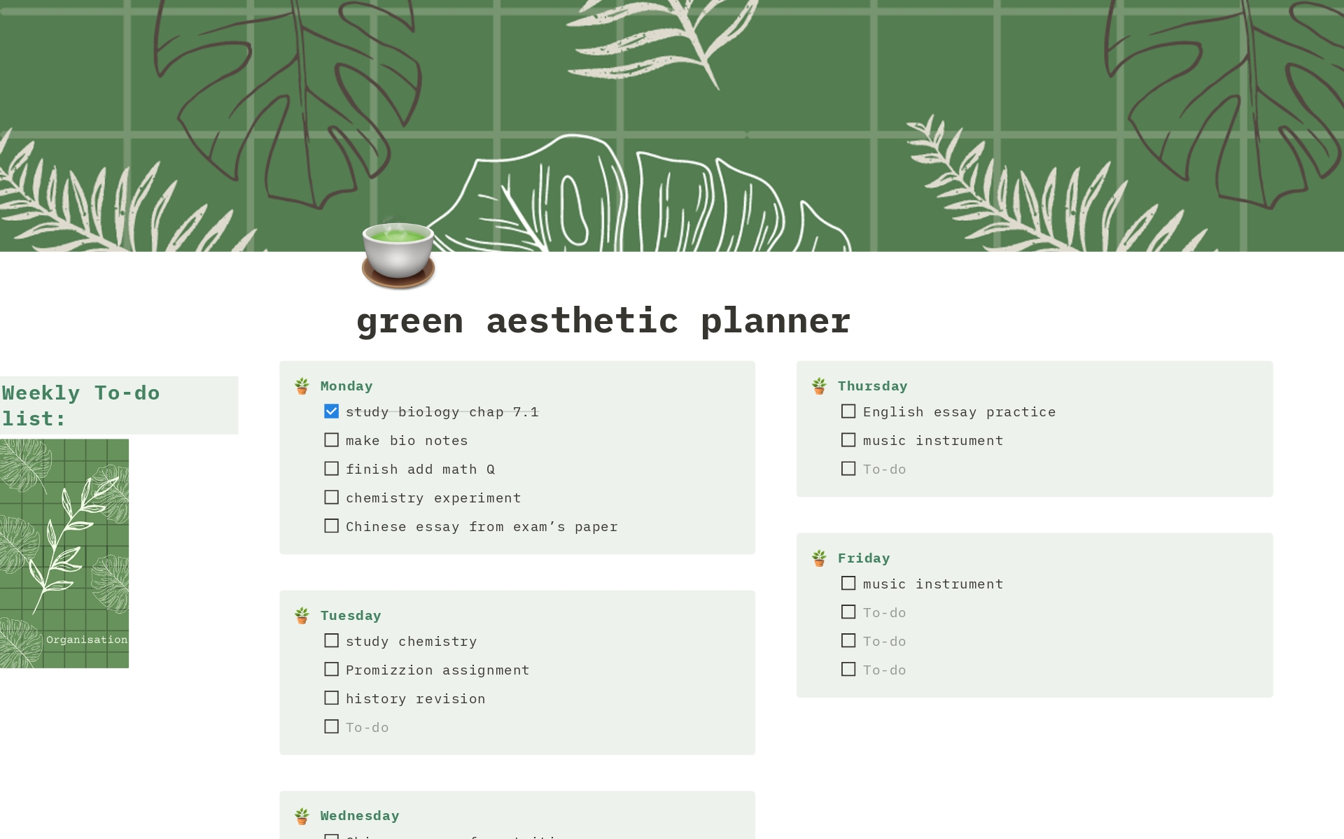 If you like crocheting, feel free to use it from your heart! Are you a distractable person? If yes, feel free to check it out! I organise it into three main parts, which are daily, weekly and monthly. The minor ones are for personal goals and weekend planning~ It's a green theme 