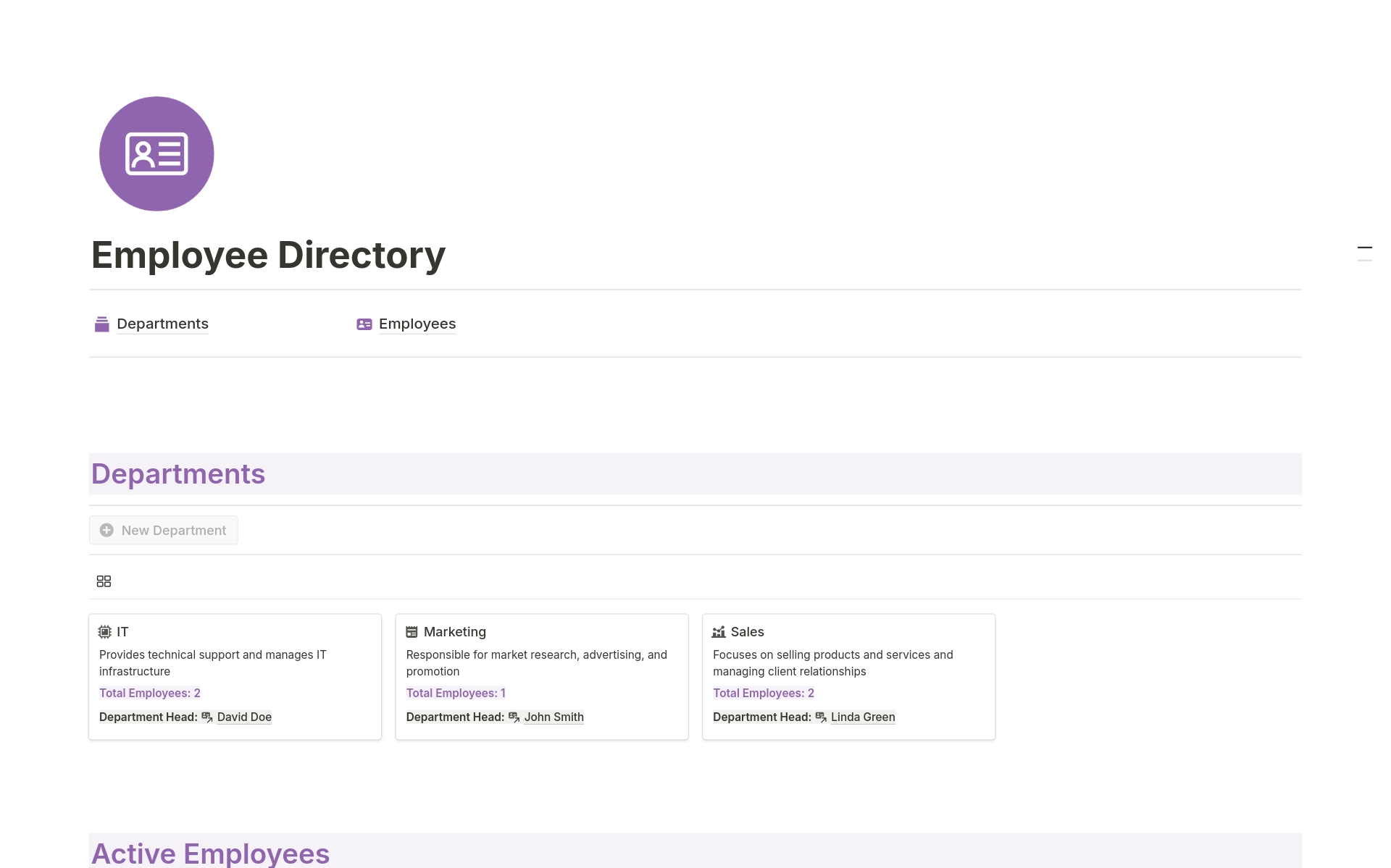 Eine Vorlagenvorschau für Employee Directory