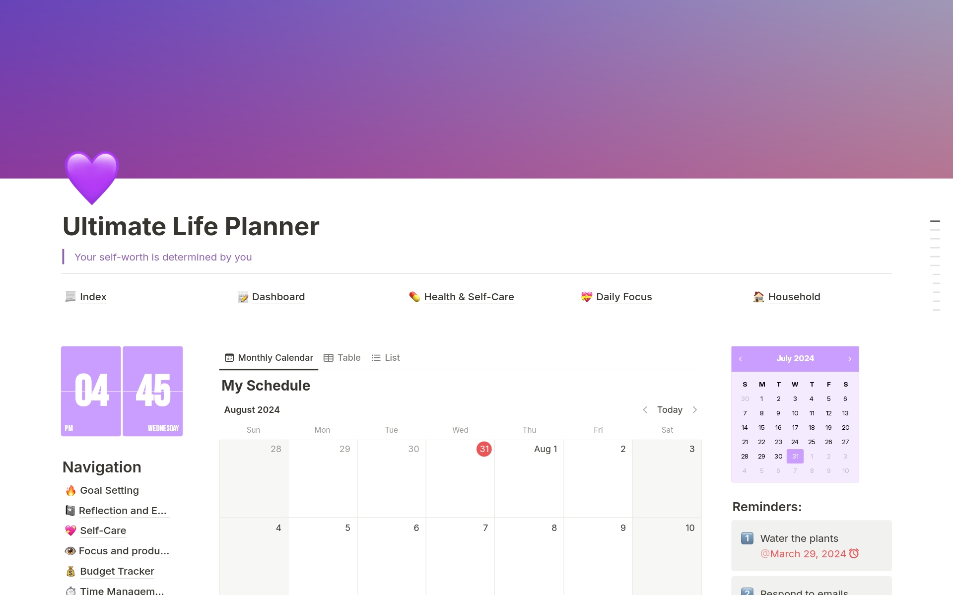 This Notion planner is beginner-friendly and easy to use, offering comprehensive and automated features. Combining beautiful design with top-notch functionality, it is perfect for setting goals, tracking your life, or staying organized. 