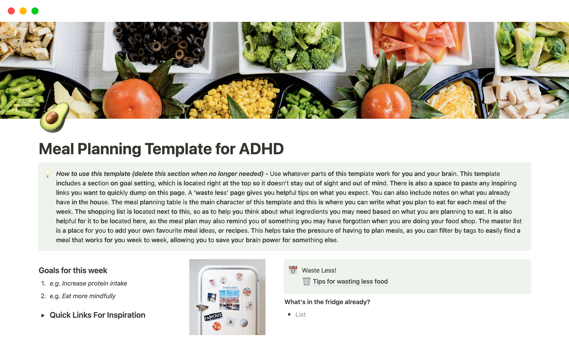 En forhåndsvisning av mal for Meal Planning Template for ADHD