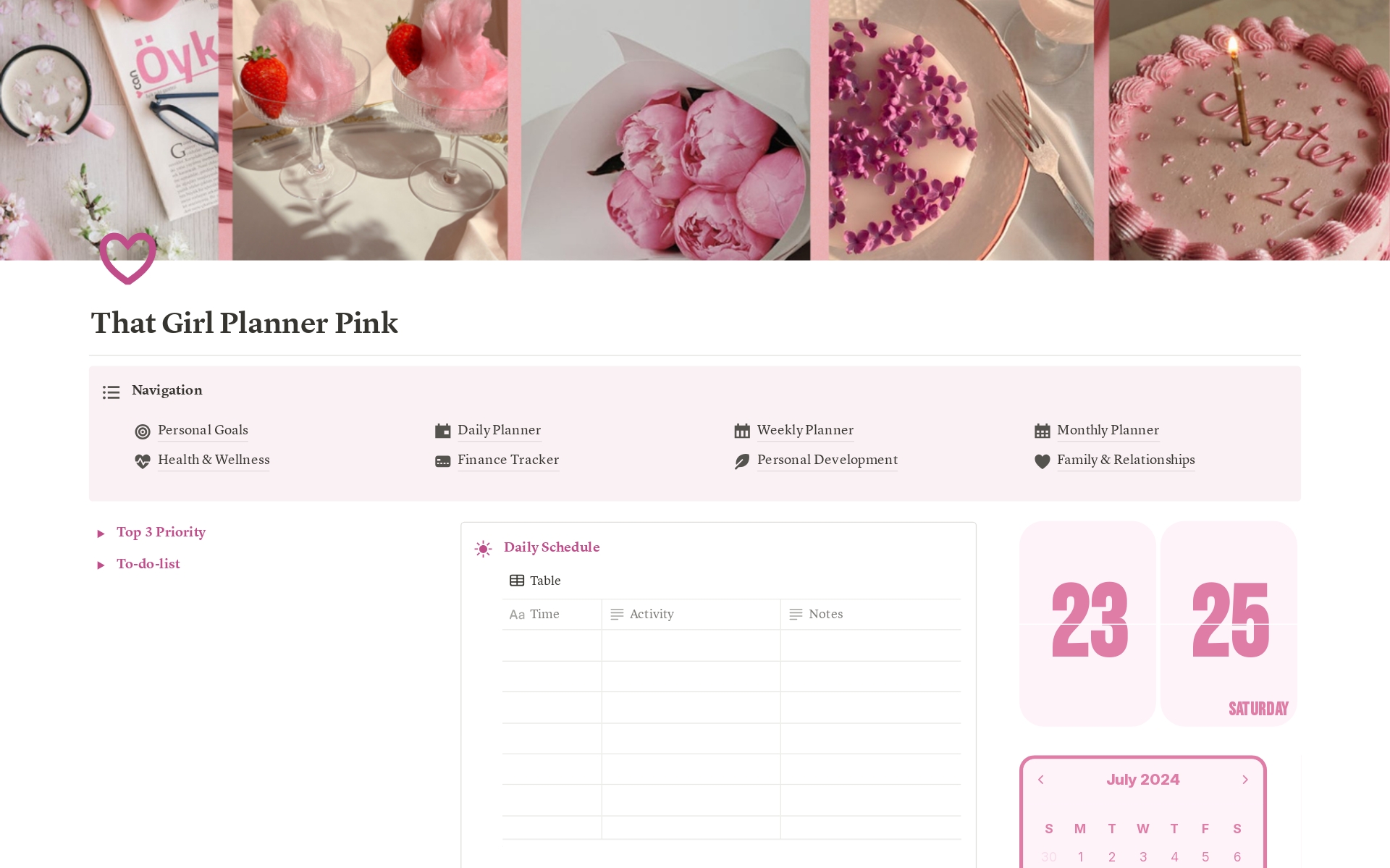 A template preview for Coquette That Girl Planner Pink Aesthetic