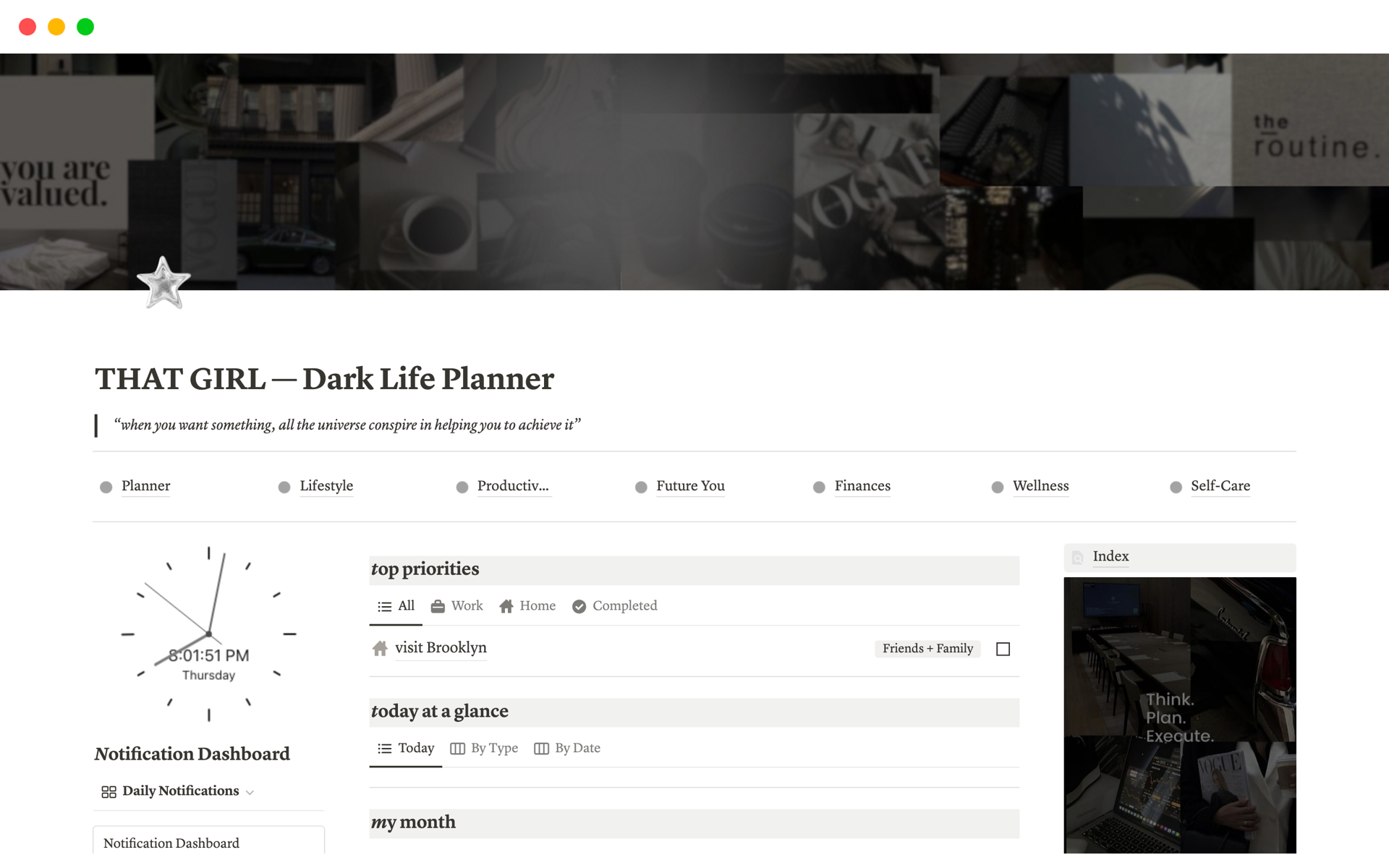 All-in-One Dark Notion Life Planner for That Girlのテンプレートのプレビュー