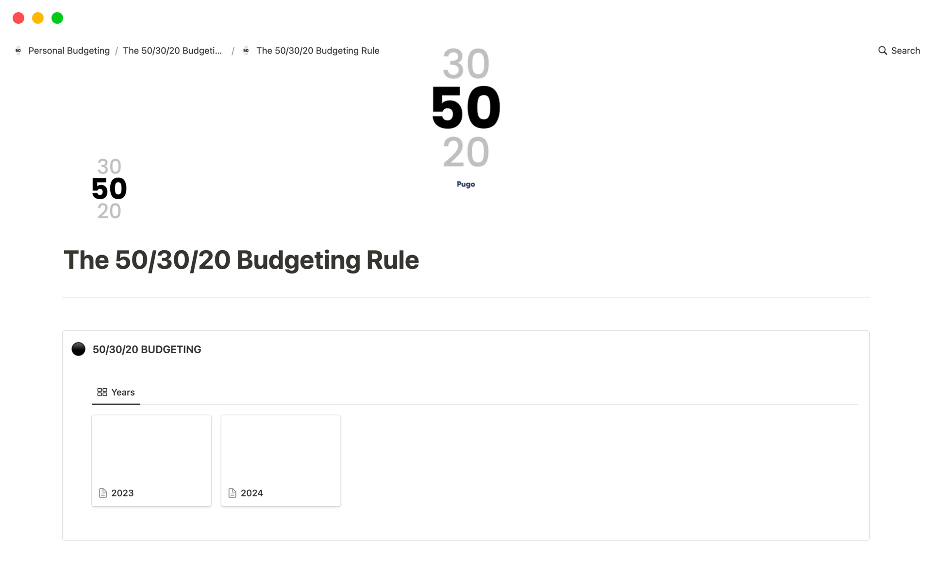 En förhandsgranskning av mallen för 50/30/20 Personal Budgeting (Budget Tracker)