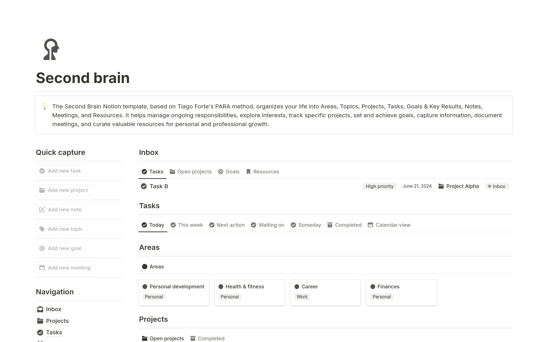 The Second Brain Notion template, based on Tiago Forte's PARA method, organizes your life into Areas, Topics, Projects, Tasks, Goals & Key Results, Notes, Meetings, and Resources.