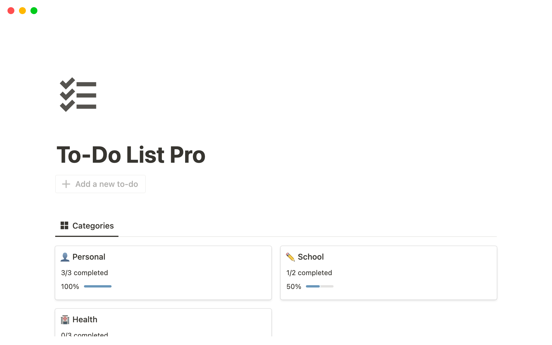 Maximize your daily productivity and easily manage your to-do list with this comprehensive template, featuring categorization feature, real-time progress tracking, and completion indicator to help you stay organized and achieve optimal productivity.