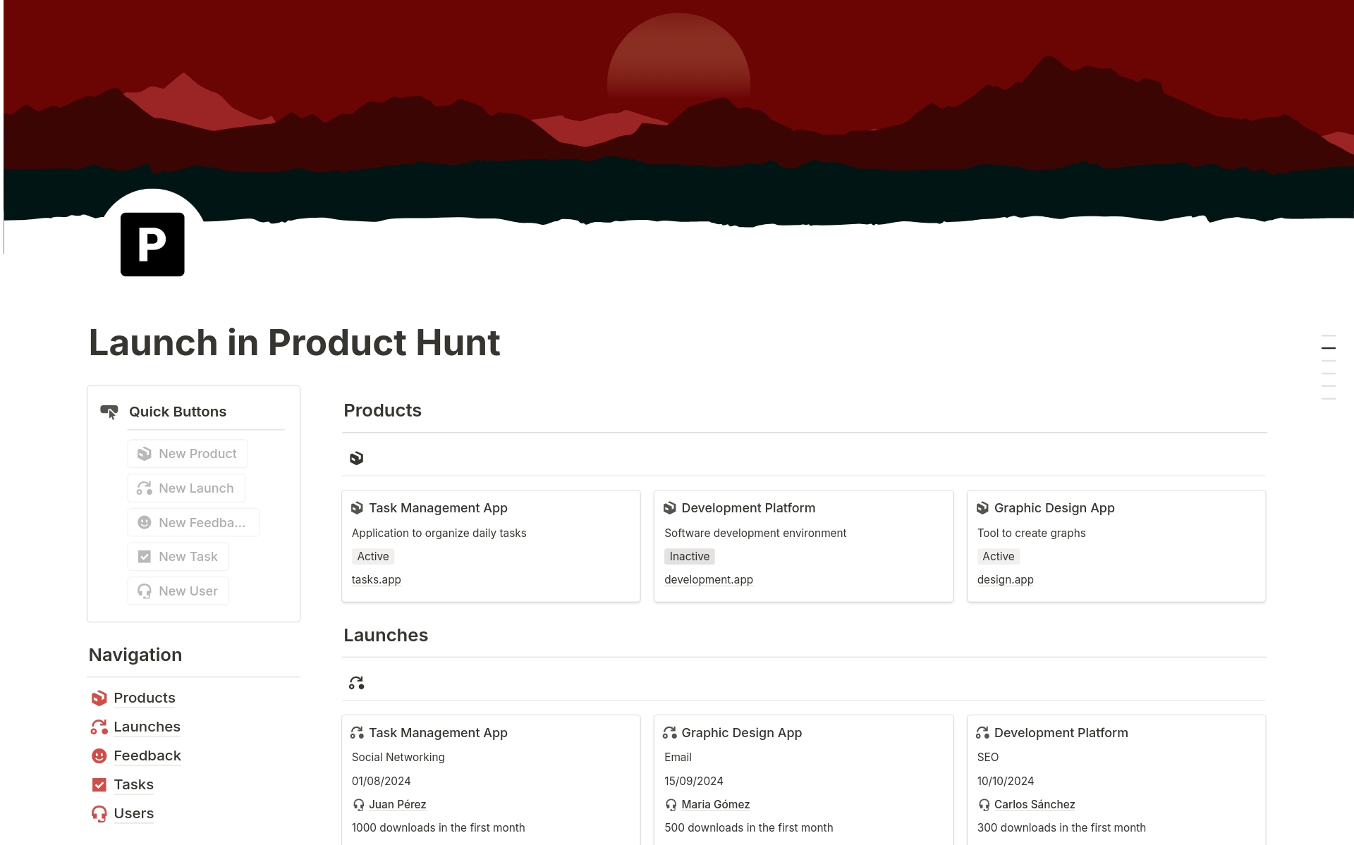 A template preview for Launch in Product Hunt