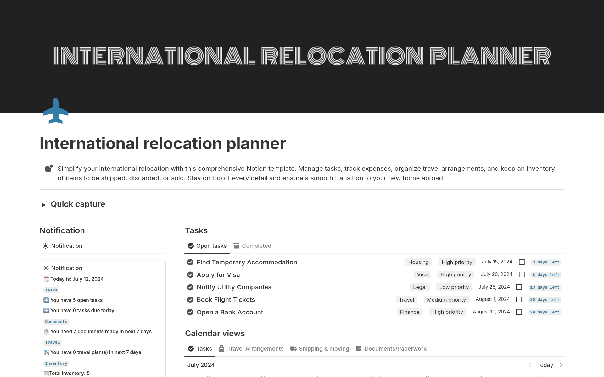 A template preview for International relocation planner