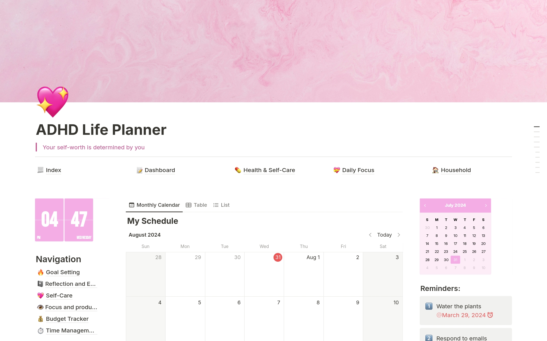 Aperçu du modèle de ADHD Planner, Pink Life Planner, That Girl Planner
