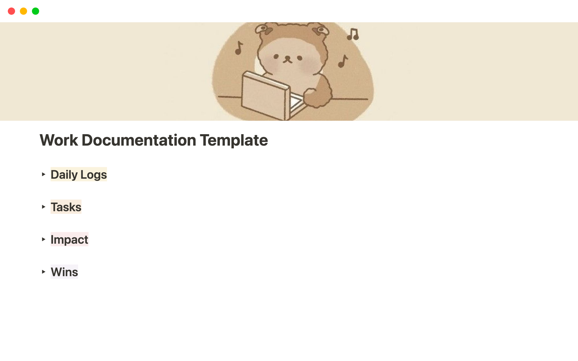 A template preview for Work Documentation
