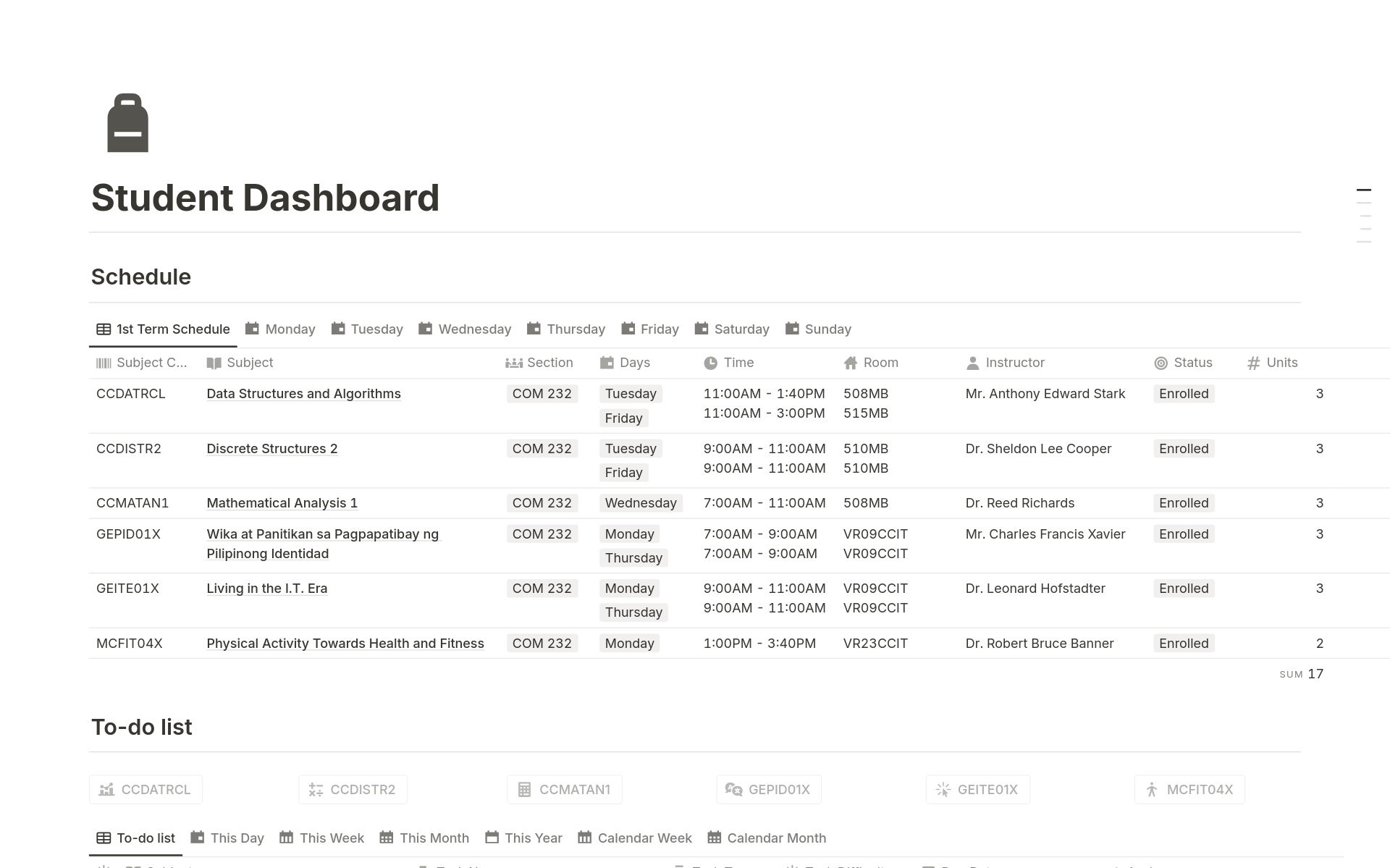 A template preview for Student Dashboard