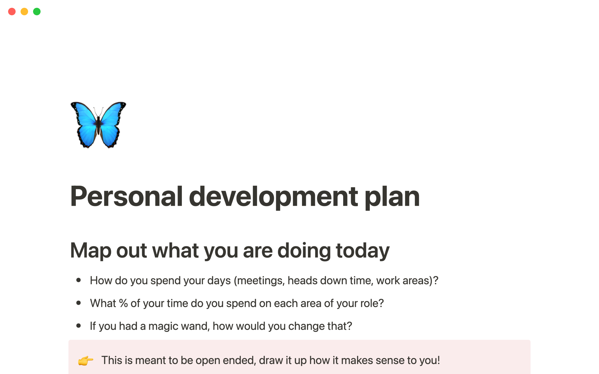 En forhåndsvisning av mal for Personal development plan