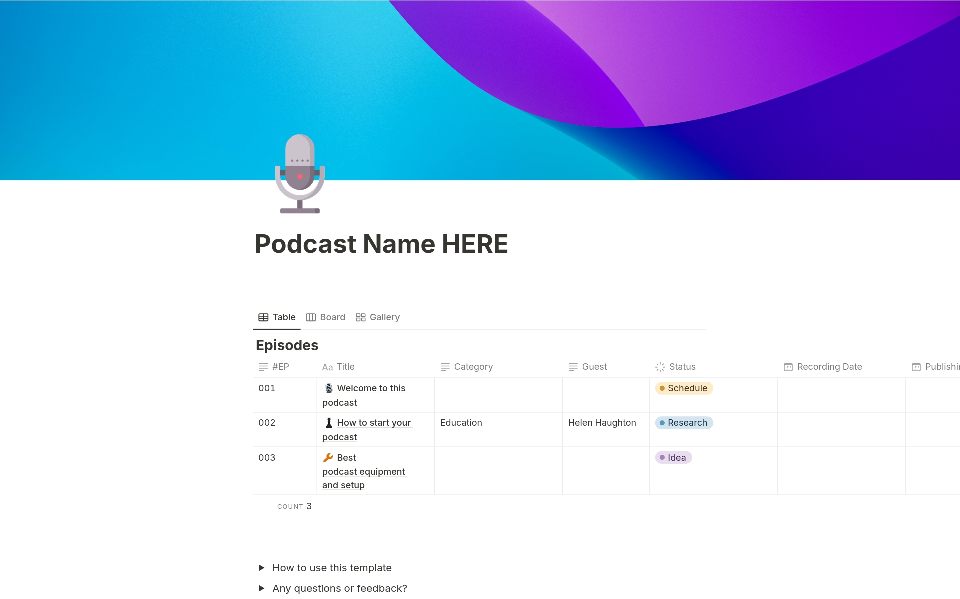En förhandsgranskning av mallen för Podcast Episode Tracker and Planner