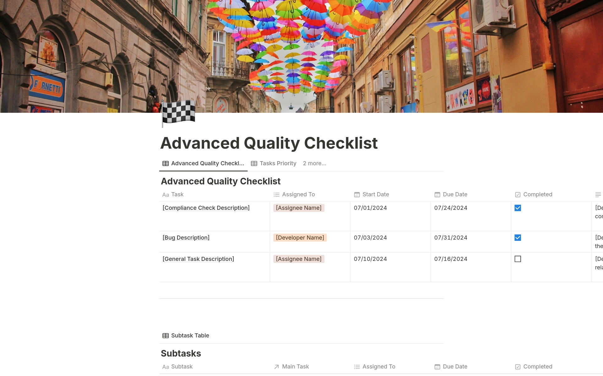 A template preview for Advanced Quality Checklist