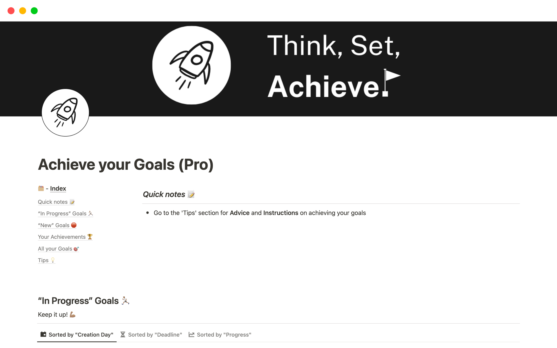 En forhåndsvisning av mal for Achieve your Goals (Pro)