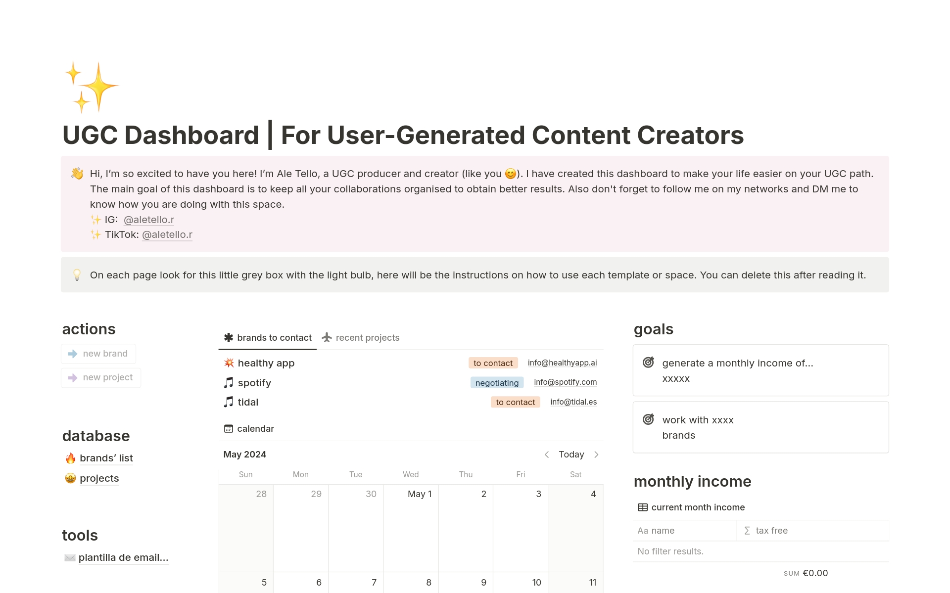 This UGC creator's dream template keeps you organized and thriving. Plan your content with a dedicated calendar, track income with ease, manage brand partnerships seamlessly, and ensure all projects stay on track. Focus on creating stellar content while this template empowers you