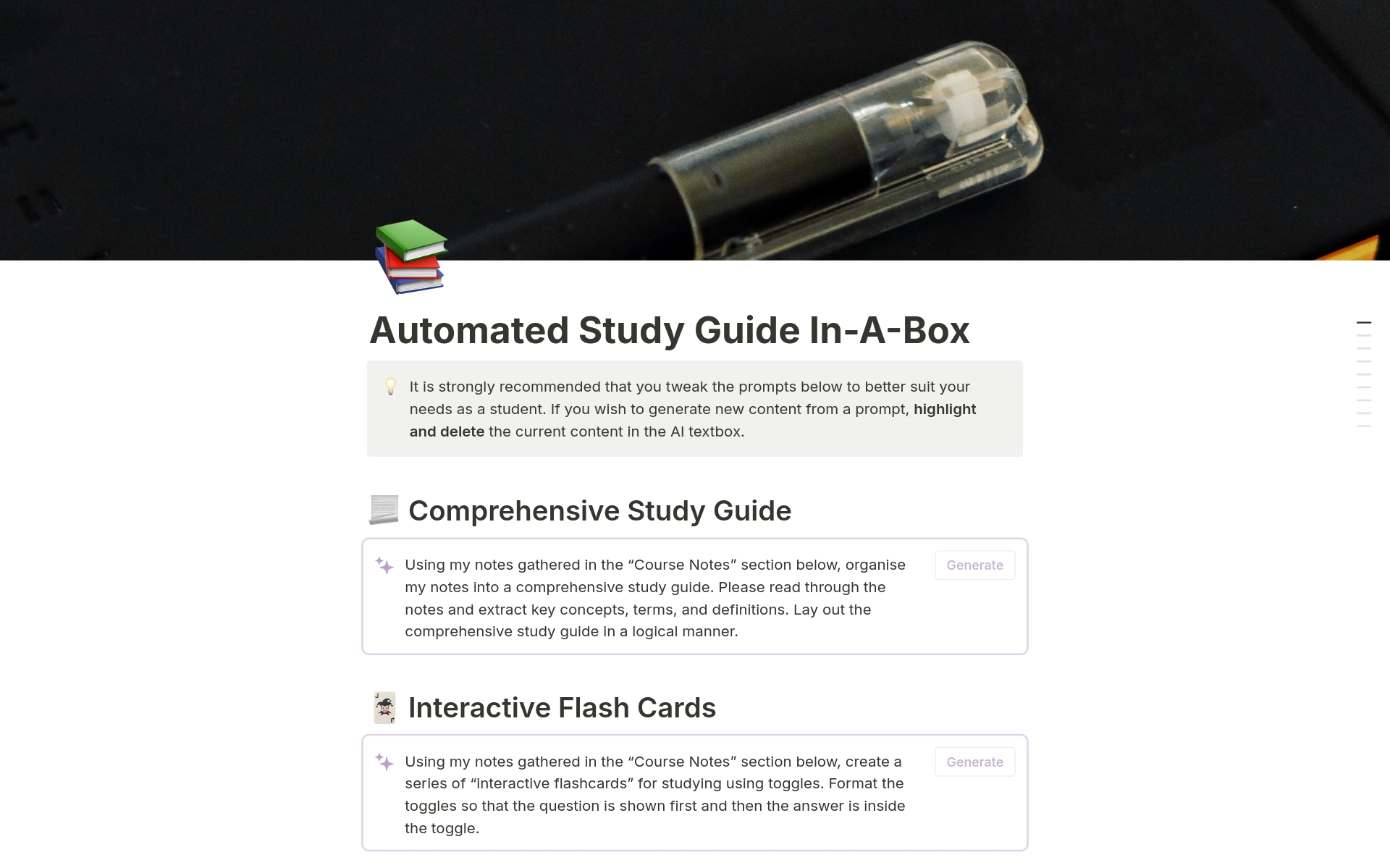 En forhåndsvisning av mal for Automated Study Guide In-A-Box