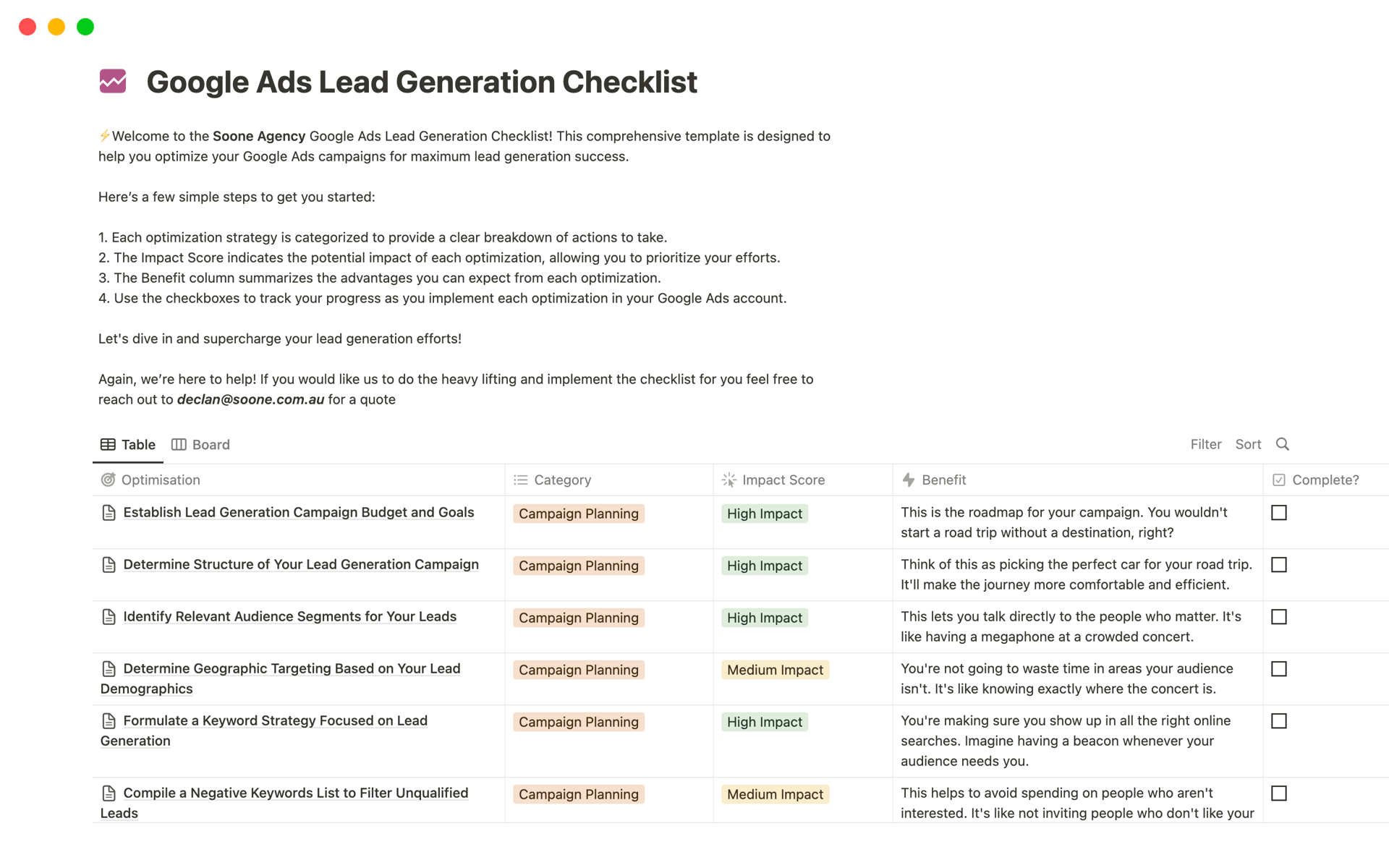 Uma prévia do modelo para Google Ads [Lead Gen] Checklist