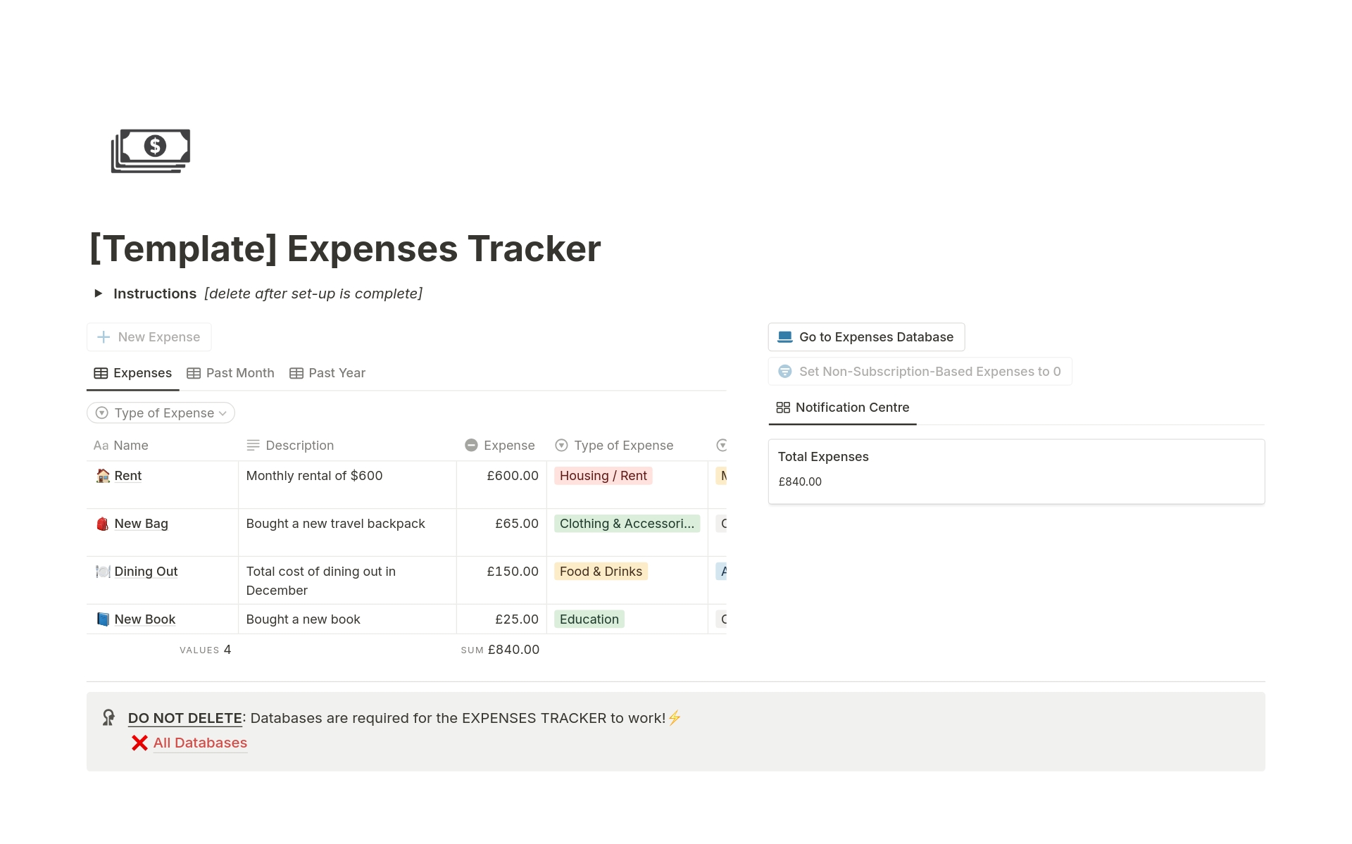 En forhåndsvisning av mal for Expenses Tracker