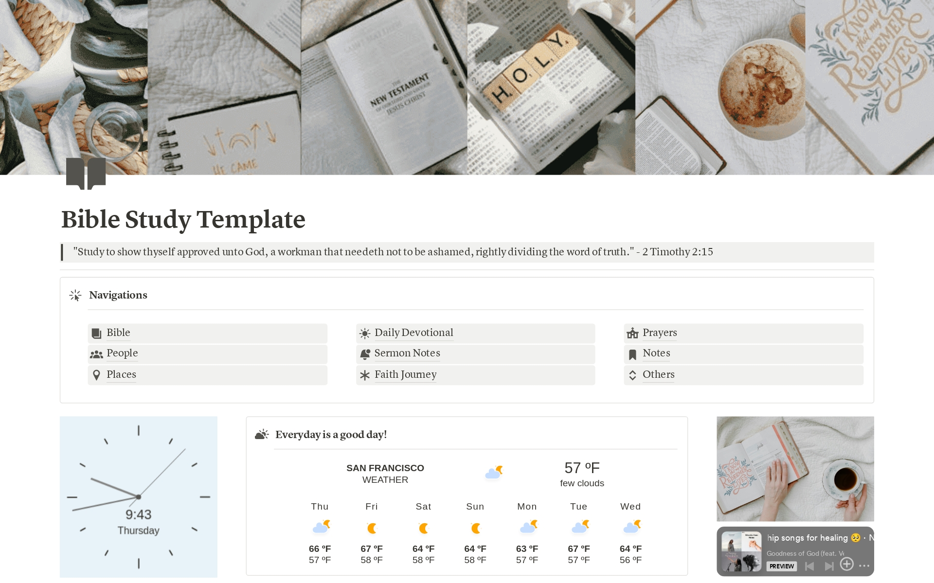 Bible Study Notion Template: Simplify and Enhance Your Spiritual Journey

Are you looking to bring more structure and inspiration to your Bible study routine? Our Bible Study Notion Template is here to help you stay organized, focused, and motivated on your spiritual journey. D