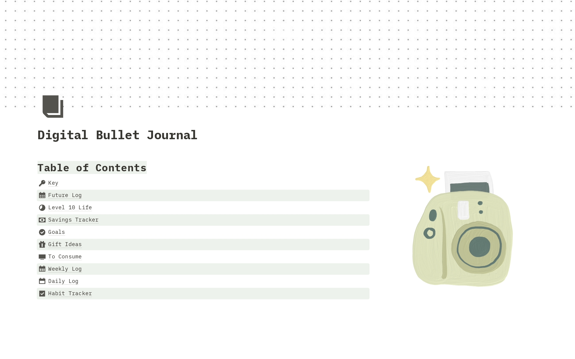 En förhandsgranskning av mallen för Digital Bullet Journal