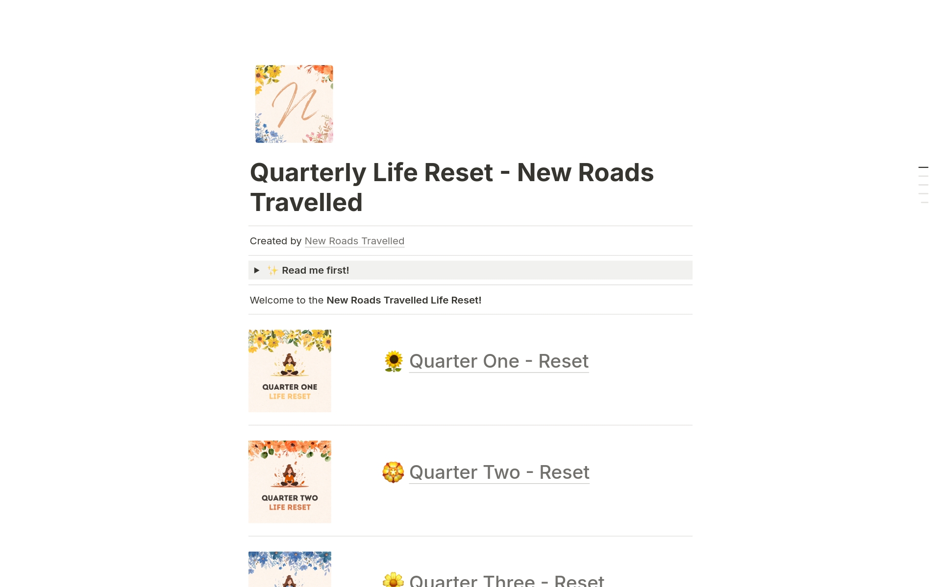 En forhåndsvisning av mal for Quarterly Life Reset - New Roads Travelled