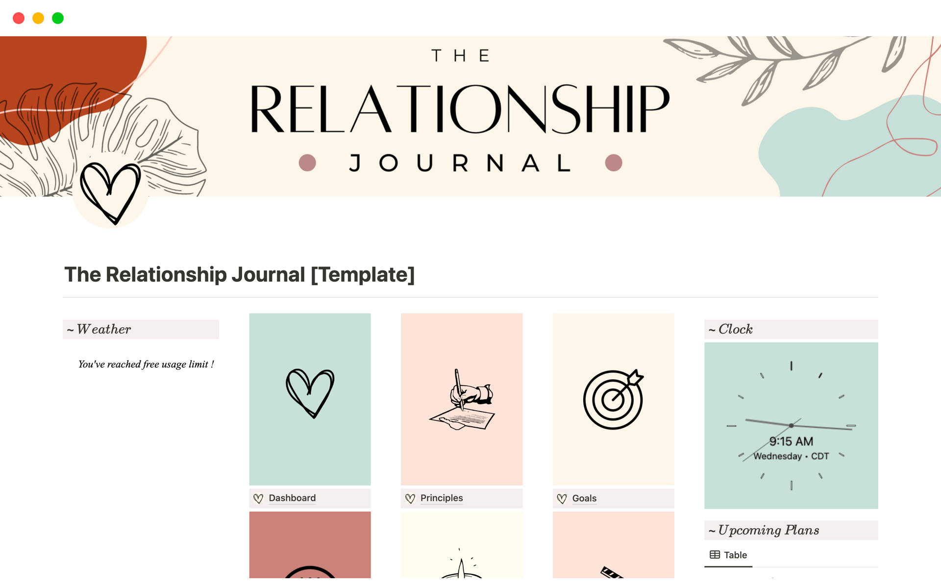 Vista previa de una plantilla para The Relationship Journal
