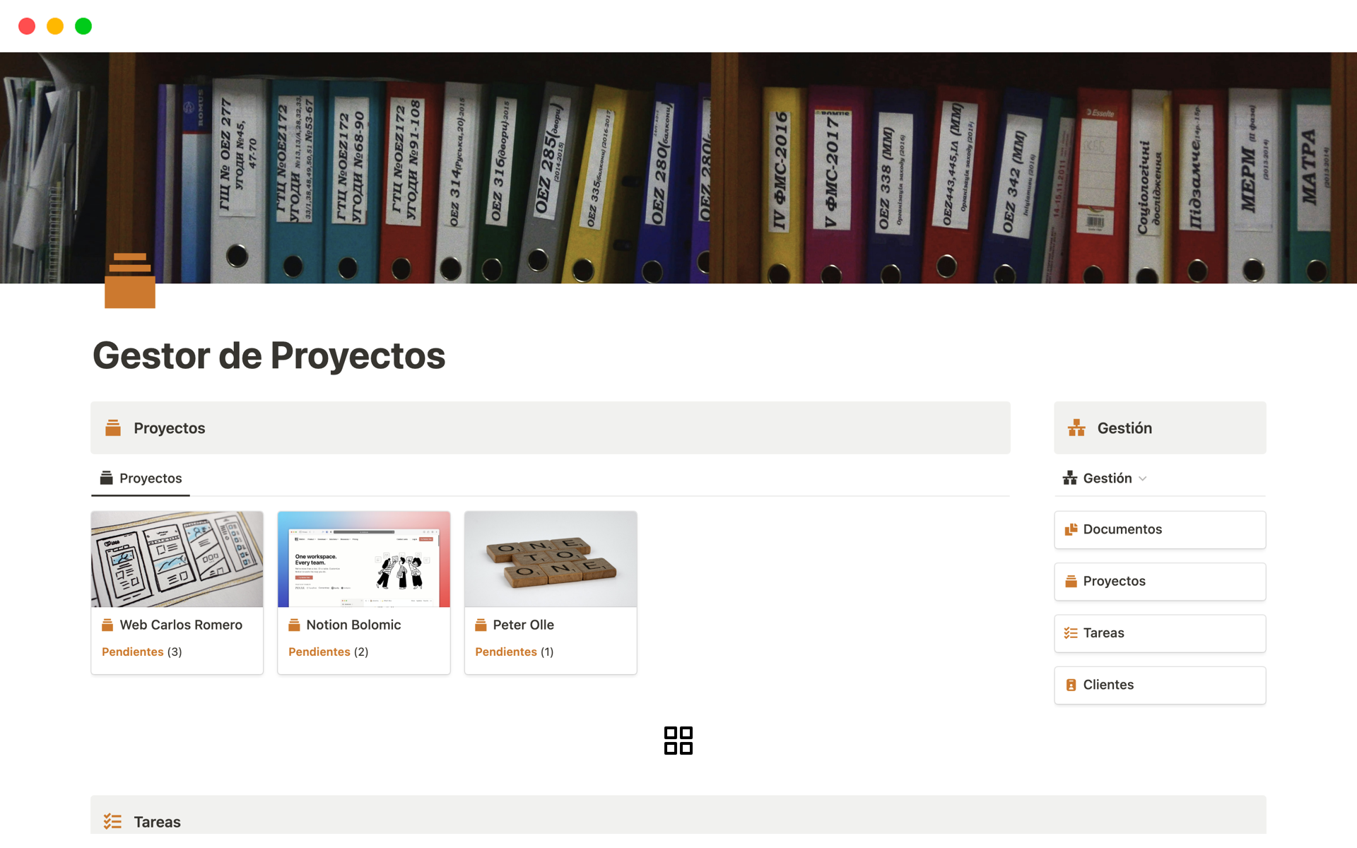 En förhandsgranskning av mallen för Gestor de Proyectos, Tareas, Documentos y Clientes