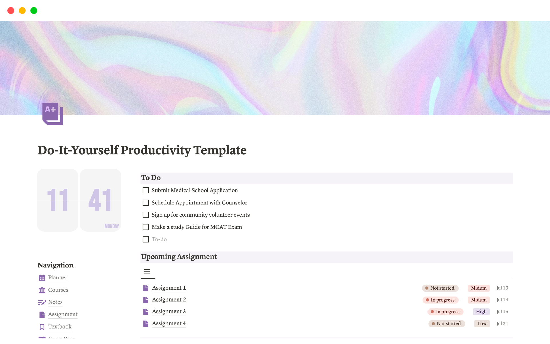 En forhåndsvisning av mal for Do-It-Yourself Productivity Template for Students