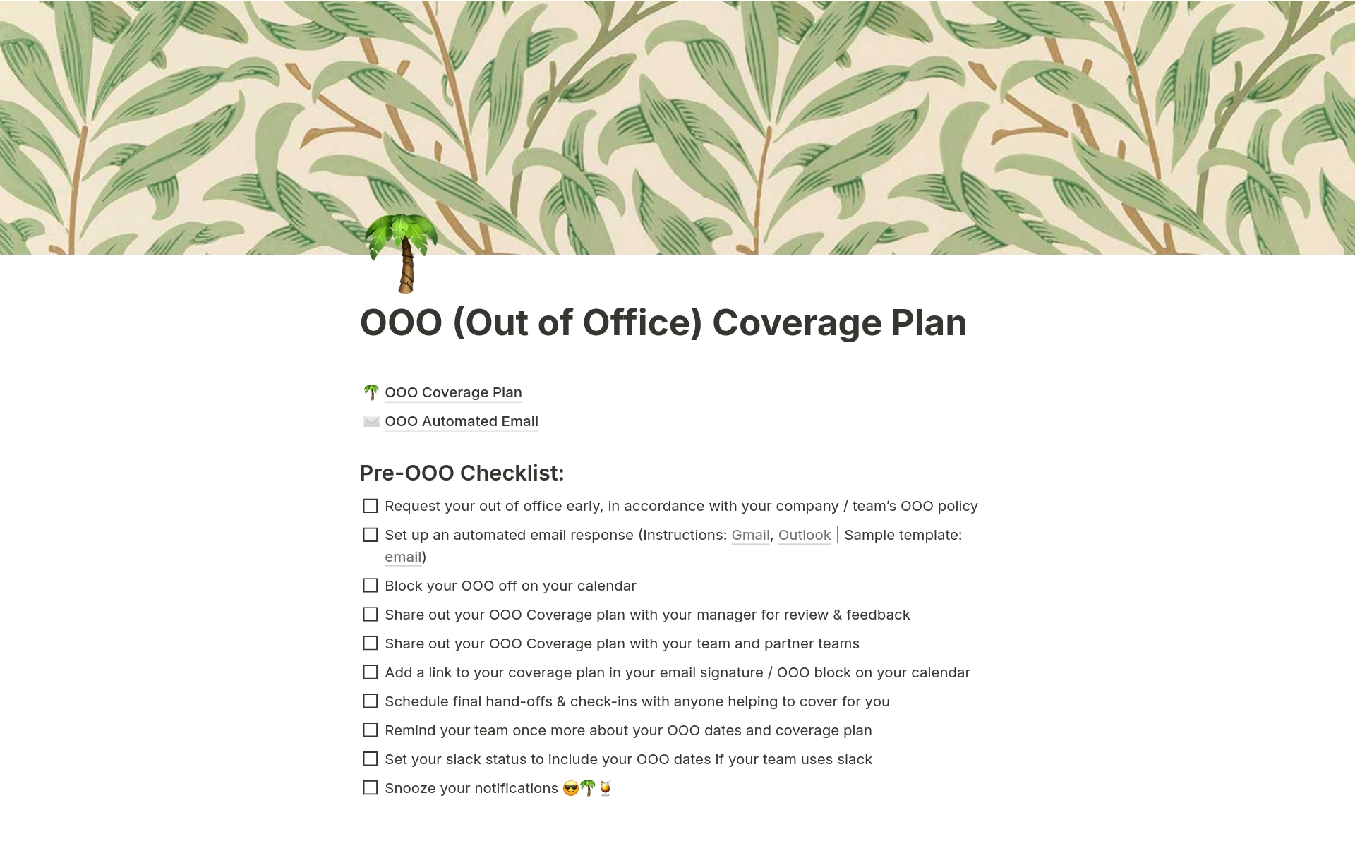 En forhåndsvisning av mal for OOO (Out of Office) Coverage Plan