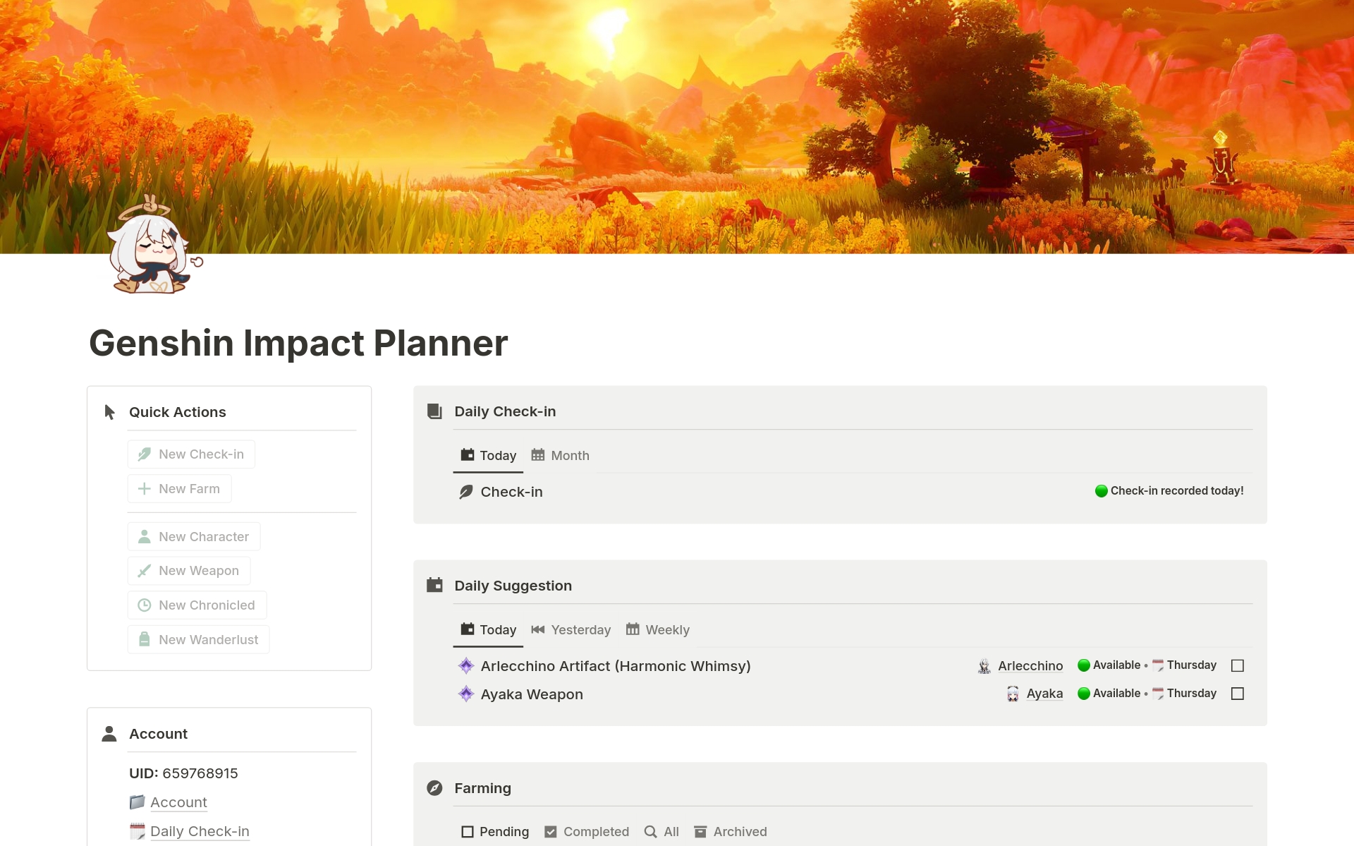 This template lets you create a weekly farming plan and receive daily task suggestions. Easily add your wishes and get an automatically updated summary for every game banner. Plus, it includes a database with all playable characters in the game, and much more. Check it out now! ⭐