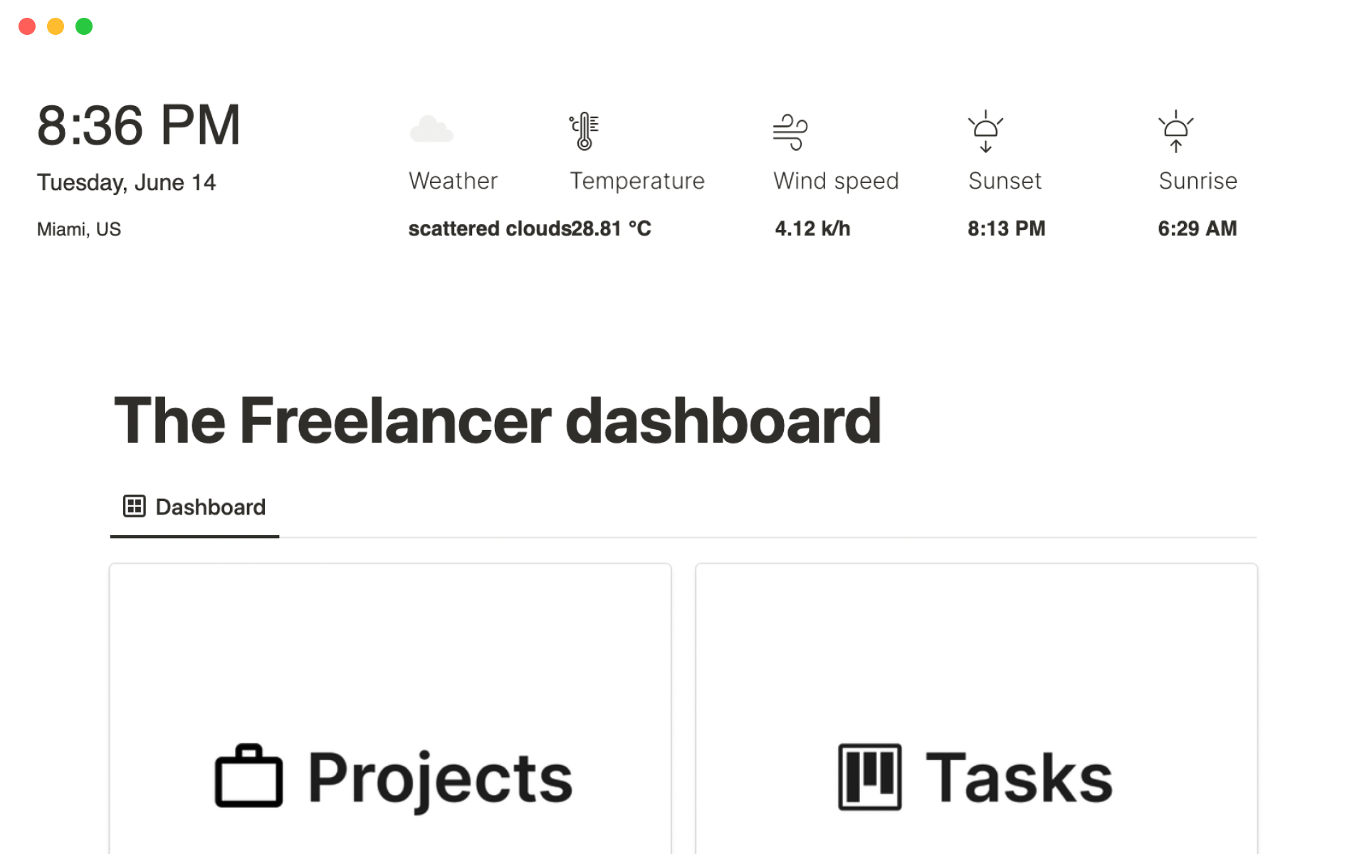 En forhåndsvisning av mal for Freelancer dashboard