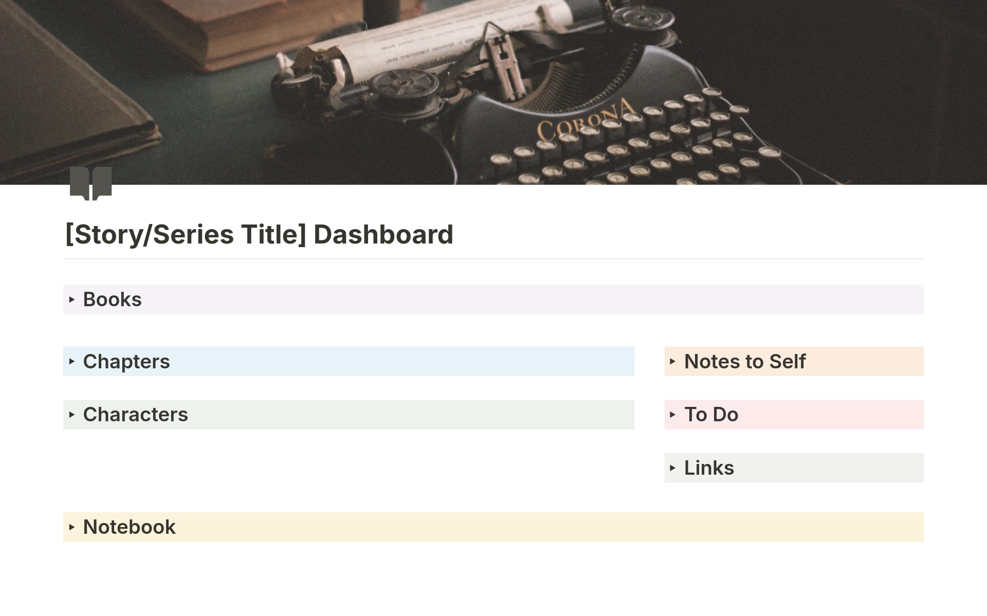 A one stop bare bones fiction writing dashboard. Suitable for a novel or series as well as anthology and collections of shorter works.